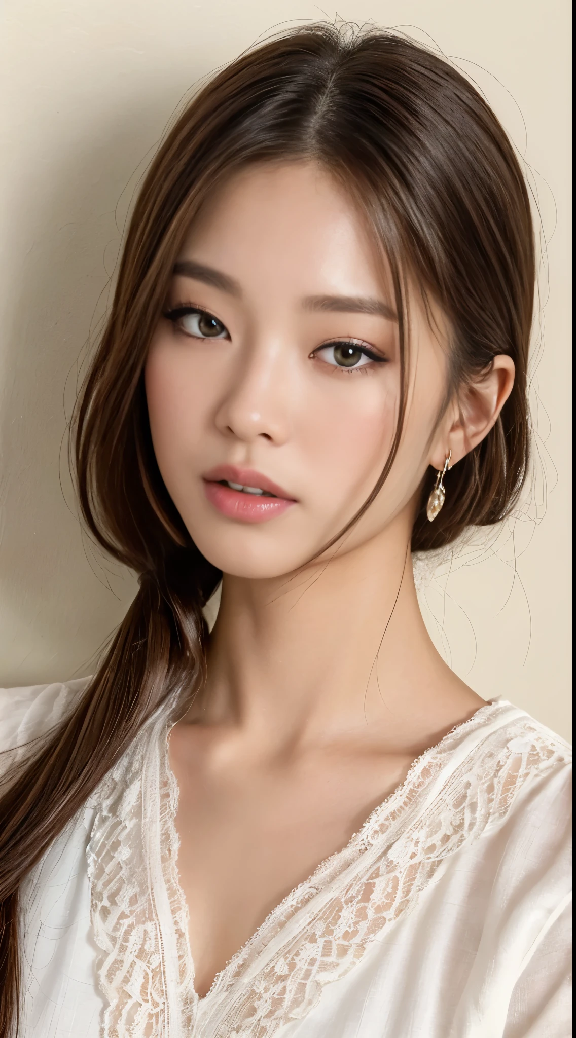 ((top-quality、8K、masterpiece:1.3))、Crisp focus:1.2、Beautiful Women in Perfect Style:1.4、Palms on cheeks:1.2、full body1.2((brown haired、Model body type:1.2))、Standing leaning against the wall、(White lace shirt:1.1)、White wall background:1.2、short-cut、Highly detailed facial and skin texture、A detailed eye、二重まぶた、Beautiful white skin、pure、Put your hands on your cheeks、Close your eyes、Mouth is duck mouth、the kiss、Images that include the full body of a person