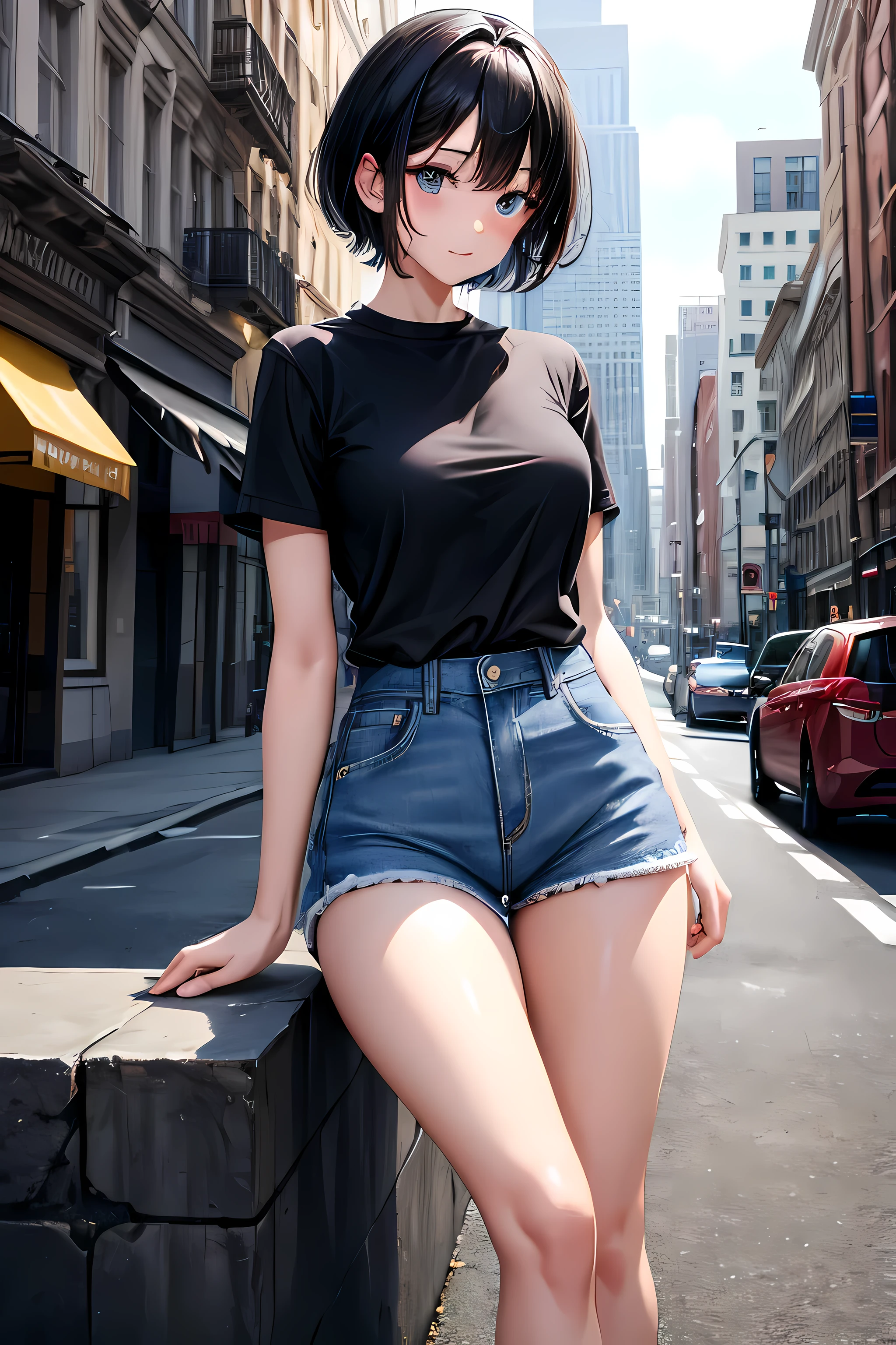 1girl, short black hair, blue eyes, wearing plain white shirt, denim shorts, city, absurdres, high res, ultrasharp, 8K, masterpiece, looking at viewer