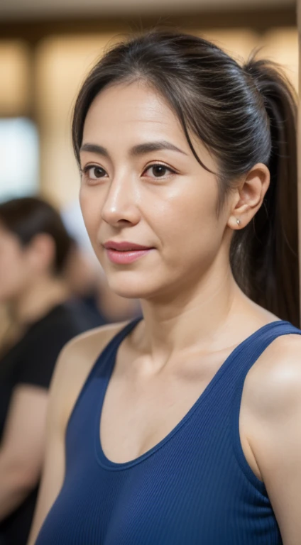(Best Quality, hight resolution, Hires, Skin definition, Detailed skin, Detailed eyes, Detailed face, 4K, 日本人A MILF, ((独奏)), (((40 years old))), (Wrinkles at the corners of the eyes:1.6), (nasolabial folds:1.3), (((Very large breasts:1.28))), A MILF, glamor, A sexy, Chromo-white skin, ((Longhaire,ponytail binding)), Looking at Viewer,(((my skin is old))), ((muscles are old)), Super large udder, ((Japanese Models)), 4K, 8K, (photoRealistic:1.5), Realistic, nffsw, Beautiful, Bimbo, Perfect makeup, small diamond necklace, piercings, ((Gym Wear )), thick thighs, (Saggy buttocks), Curve, ssmile, Public places,