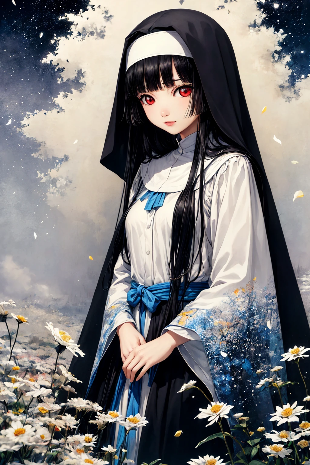 (absurd res, A high resolution, ultra - detailed, hyper HD, Cinematic), Alone, 1个Giant Breast Girl, mature, Happy, (small breasts:1.6m1),nun 
 girl standing in light blues flower field, light blues flower petal surrounding girl, full bodyesbian, Black long-haired girl, light black hair, fanciful, dream-like, Snowy Land, offcial art, trending art, contours, ultra - detailed face, ultra - detailed red  eyes, light blues flower field, ultra - detailed field, The white blue sky, Cold, light blues, The white,  Nebula in the sky, blue tree, aquarelle, pastel colour