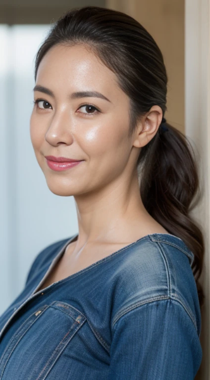 (Best Quality, hight resolution, Hires, Skin definition, Detailed skin, Detailed eyes, Detailed face, 4K, 日本人A MILF, ((独奏)), (((40 years old))), (Wrinkles at the corners of the eyes:1.6), (nasolabial folds:1.3), (((Very large breasts:1.28))), A MILF, glamor, A sexy, Chromo-white skin, ((Longhaire,ponytail binding)), Looking at Viewer,(((my skin is old))), ((muscles are old)), Super large udder, ((Japanese Models)), 4K, 8K, (photoRealistic:1.5), Realistic, nffsw, Beautiful, Bimbo, Perfect makeup, small diamond necklace, piercings, ((turtle necked sweater, denim )), thick thighs, (Saggy buttocks), Curve, ssmile, Public places,