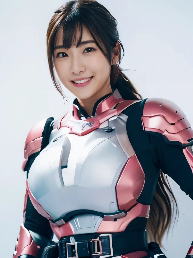 (ultra best quality、8K、masuter piece、delicate illustration) 、（A beautiful and bewitching Japanese 25-year-old woman:1.2、pink and white hero armor:1.3、very plump body:1.2、ultra gigantic tits:1.3）、smiling at the viewer、A dark-haired