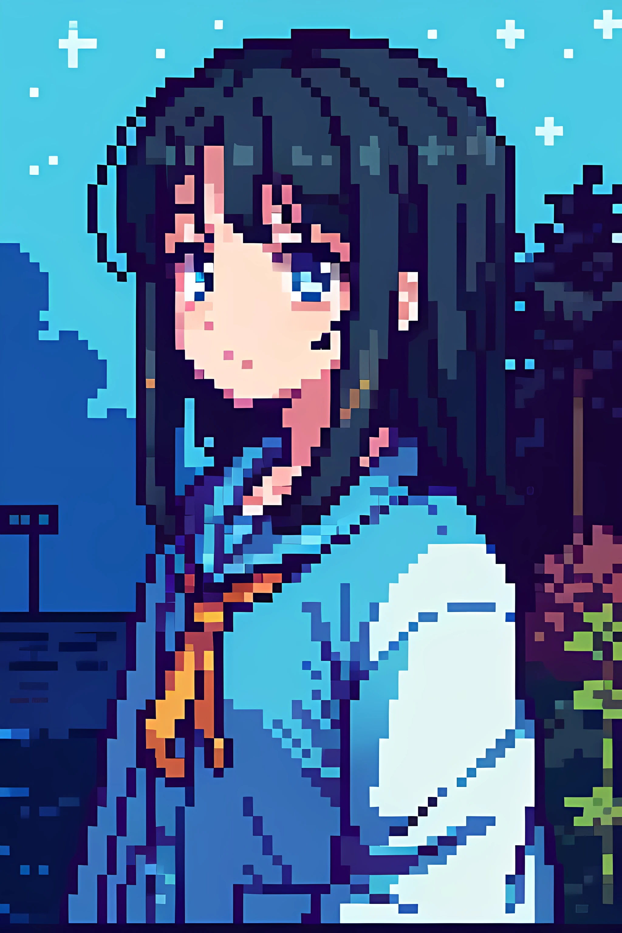 a close up of a pixel art picture of a girl with long hair, pixel rain, anime style. 8k, iwakura lain, lofi girl, anime artstyle, anime moe artstyle, anime art style, art of kirokaze pixel, anime aesthetic, lofi artstyle, anime vibes, anime style 4 k,dark blue eyes, darkblues short hair, fear face