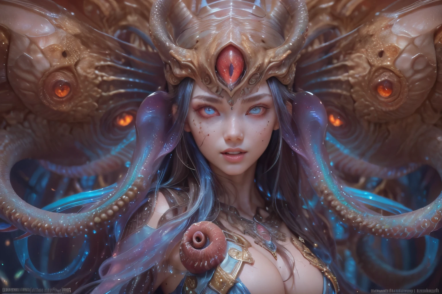 Portrait, (beautiful female alien:1.2),  (There is a female genital-like organ in the middle of the forehead.:1.8), (The most beautiful face in the history of the universe:1.2), (Glowing scarlet eyes:1.6), (Translucent pale skin:1.8), an evil gaze that seduces , (red eyes:1.5), Full body like, (Sexypose:1.5), alien, No humans, cells are fused, (Lots of translucent Blue tentacles:1.1), extraterrestrial, cell, bio image, (zenTangle, mandalas, Tangle, enTangle:0.98),(Fractal Art:0.9)(fluttered detailed color splashes:1.1),(marbling:1.1), (Vulgarity:1.15), (Sexy:1.4), sweet  breath, a sultry, ((Ecstasy:1.6)), Best Quality, 8K,4K_quality, High Definition, Dramatic Lighting, masutepiece:1.5,cinematic quality, detail up, (Intricate details:1.2), High resolution, High Definition, drawing faithfully, (Thick eyebrows:1.2), Beautiful eyes with fine symmetry, (Highly detailed face and eyes:1.2), (High-resolution red-eye:1.4), Intimate face, (Super detailed skin quality feeling:1.4), Perfect Anatomy,  (Beautiful toned body:1.5),  (Moist skin:1.2), No makeup, (dark circles:1.1), long canines, cinematic drawing of characters, ultra high quality model, cinematic quality, detail up, (Intricate details:1.2), High resolution, High Definition, drawing faithfully, Official art, Unity 8K wall  , 8K Portrait, Best Quality, Very High resolution, ultra detailed artistic photography, midnight aura,  unreal enginee 5, Ultra Sharp Focus, art by alberto seveso, ArtGerm, Roisch, intricate artwork, Medusa, best quality, masutepiece, ultra High resolution, (photos realistic：1.4), Ultra-realistic realism, dream-like,  nautilus, Creation of fantasy, Snail, Dream Snail,  (biopunk nautilus:1.4), Thrilling color schemes， Ultra-realistic realism， seductively smiling, Blue tentacles