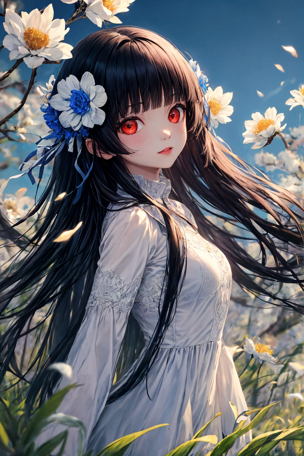 (absurd res, A high resolution, ultra - detailed, hyper HD, Cinematic), Alone, 1个Giant Breast Girl, mature, Happy, (small breasts:1.6m1),bun ny
 girl standing in light blues flower field, light blues flower petal surrounding girl, full bodyesbian, Black long-haired girl, light black hair, fanciful, dream-like, Snowy Land, offcial art, trending art, contours, ultra - detailed face, ultra - detailed red  eyes, light blues flower field, ultra - detailed field, The white blue sky, Cold, light blues, The white,  Nebula in the sky, blue tree, aquarelle, pastel colour