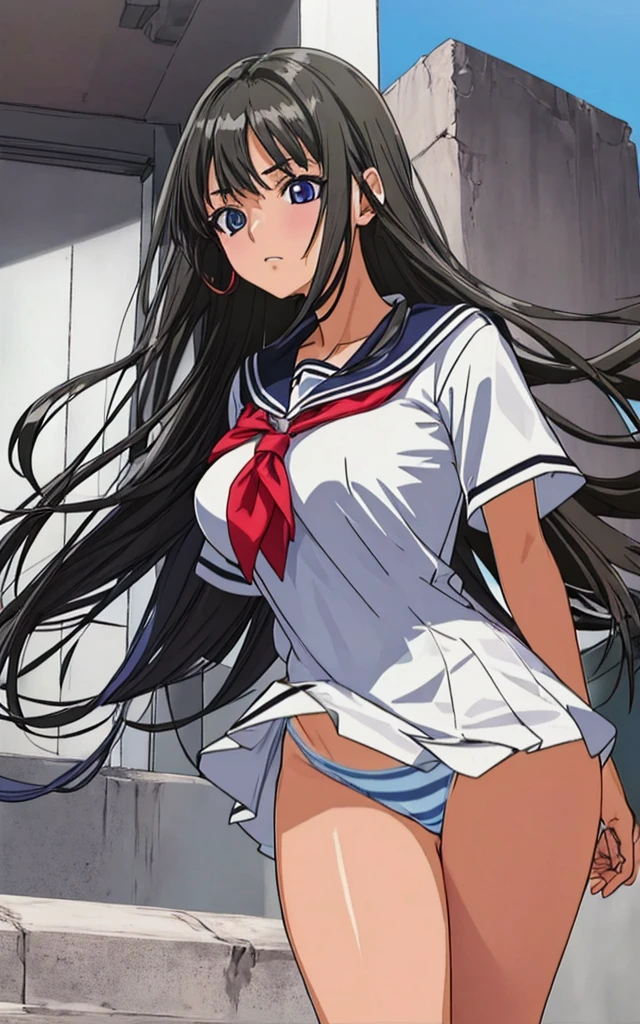 A beautiful woman with long black hair, big breasts, beautiful legs, and a sharp face is standing on the school stairs wearing a sailor suit with a white miniskirt, showing off light blue and blue striped panties.。