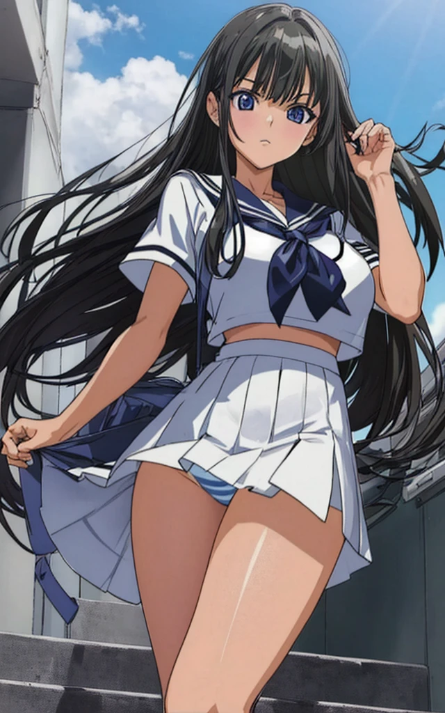 A beautiful woman with long black hair, big breasts, beautiful legs, and a sharp face is standing on the school stairs wearing a sailor suit with a white miniskirt, showing off light blue and blue striped panties.。