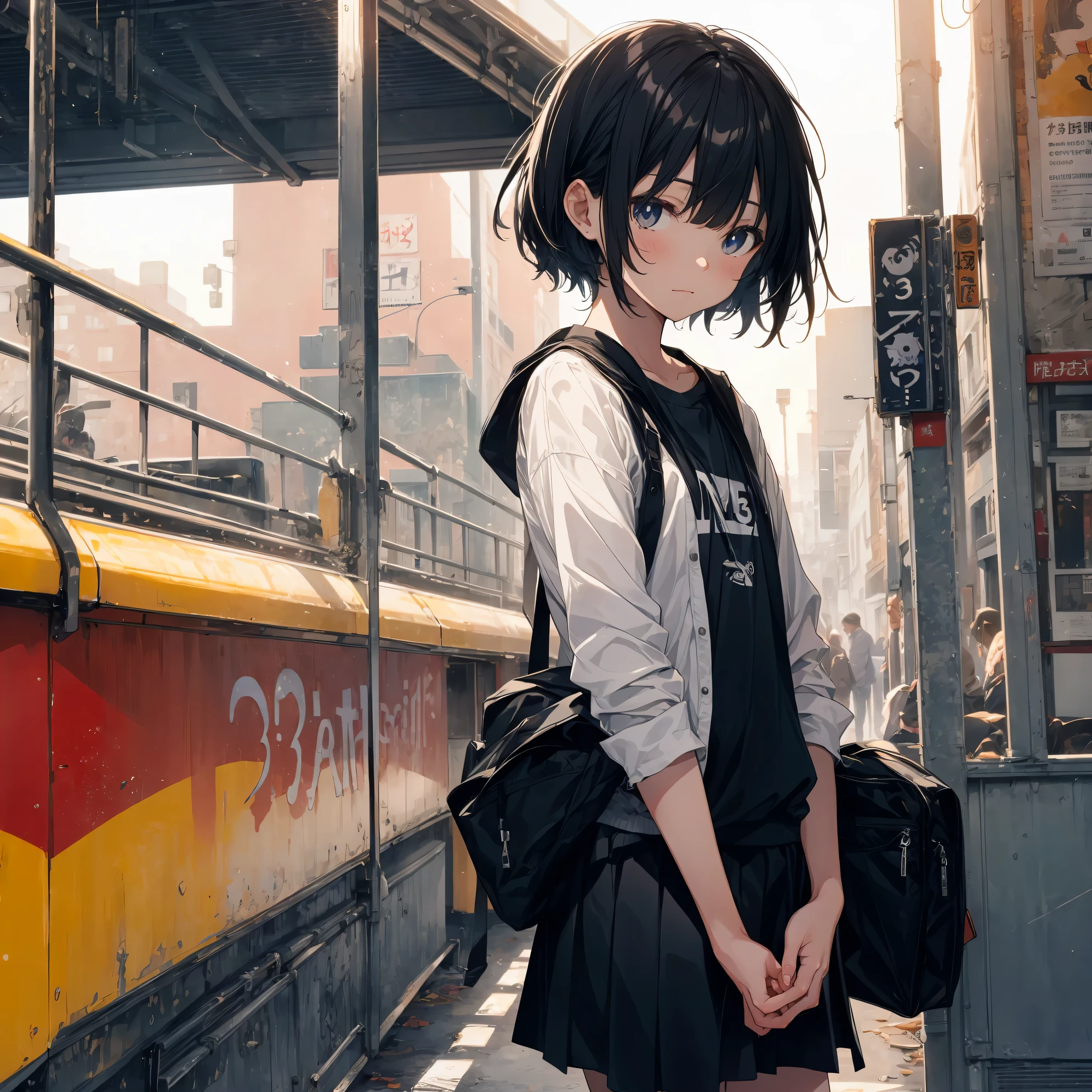 Super high quality by the art god, Ultra-detailed, High resolution, ilya kuvshinov style, anime moe art style, best anime 8K konachan wallpaper, Pixiv Contest Winner, Perfect Anatomy, BREAK,(Please draw a sleepy girl going to school alone.. ),BREAK,a hyperrealistic schoolgirl, (Solo,Lori,child,13years:1.3),Full limbs, complete fingers,a junior high school student, Androgynous attraction, (Very short hair), hair messy, flat chest, Small butt, groin, Small eyes,Beautiful detailed black eyes, Well-proportioned iris and pupils, disgusted eye, High resolution detailed hair, School uniform, Skirt, On the way to school. BREAK,Ultra-detailed細なスキン, Best lighting by famous artists, 8K,Cute illustration,
