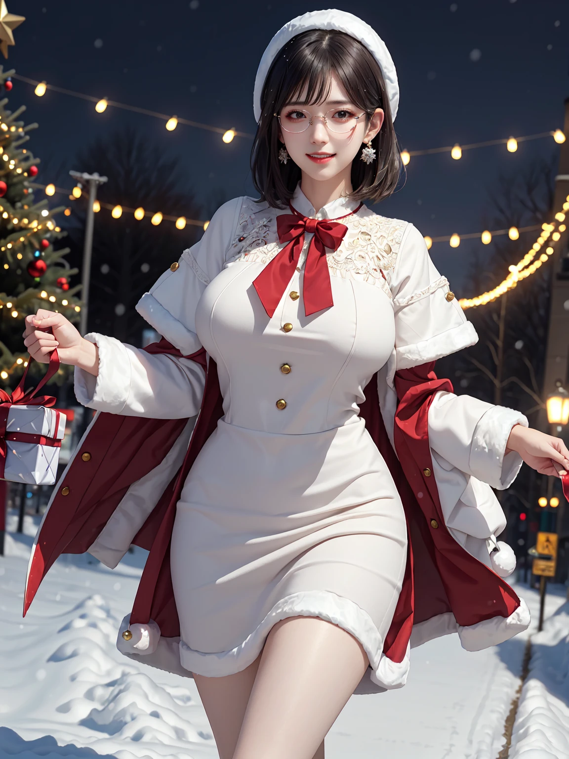 (masterpiece:1.3), live wallpaper, top-quality, Beautifully Aesthetic:1.2, ((1 girl)), solo, (red and white colors christmas uniform, shirt, long skirt), (black brown Hair, Straight hair, short hair), detailed face, detailed eyes, detailed ears, detailed lips, ((eye-glasses)), (perfect body (firm breast, nicely shaped breasts, slender figure)), (arms behind back), (Upper body shot:1.1), (From front:1.3), (Looking at viewer, smiling), (elegant stylish contraposto pose:1.2), (walking on the modern street at Christmas night with snow:1.3), christmas night, christmas tree, christmas gifts, snow, ((At the middle of christmas celebration decorated for christmas :1.2)), intricate background, ultra realistic background