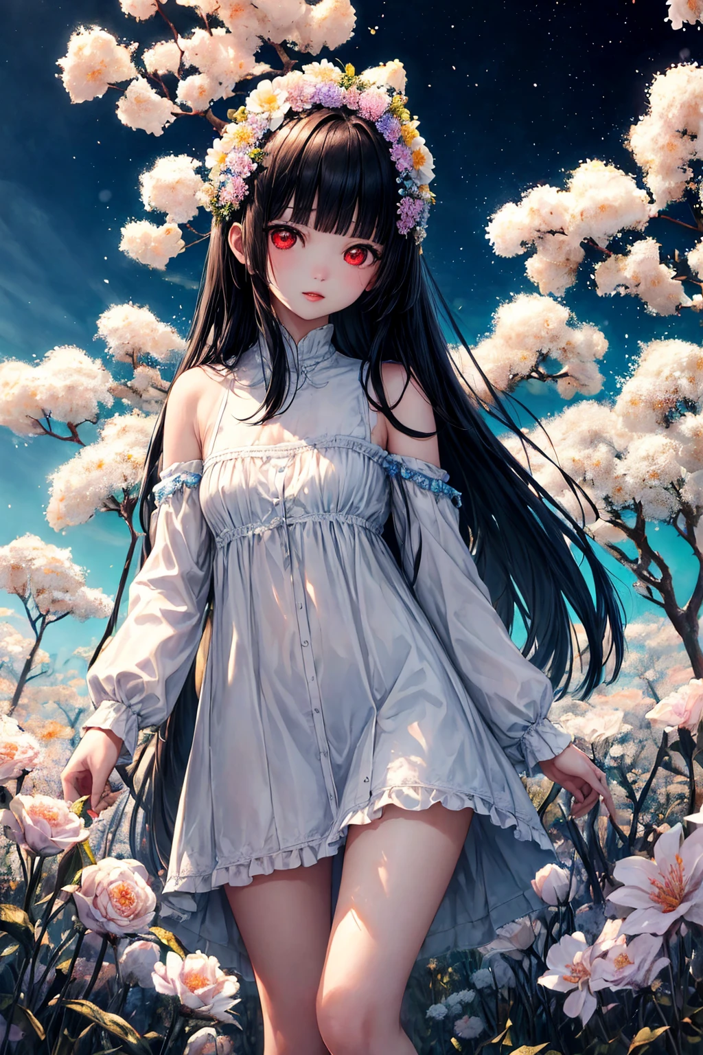 (absurd res, A high resolution, ultra - detailed, hyper HD, Cinematic), Alone, 1个Giant Breast Girl, mature, Happy, (small breasts:1.6m1),bunny girl standing in light blues flower field, light blues flower petal surrounding girl, full bodyesbian, Black long-haired girl, light black hair, fanciful, dream-like, Snowy Land, offcial art, trending art, contours, ultra - detailed face, ultra - detailed red  eyes, light blues flower field, ultra - detailed field, The white blue sky, Cold, light blues, The white,  Nebula in the sky, blue tree, aquarelle, pastel colour