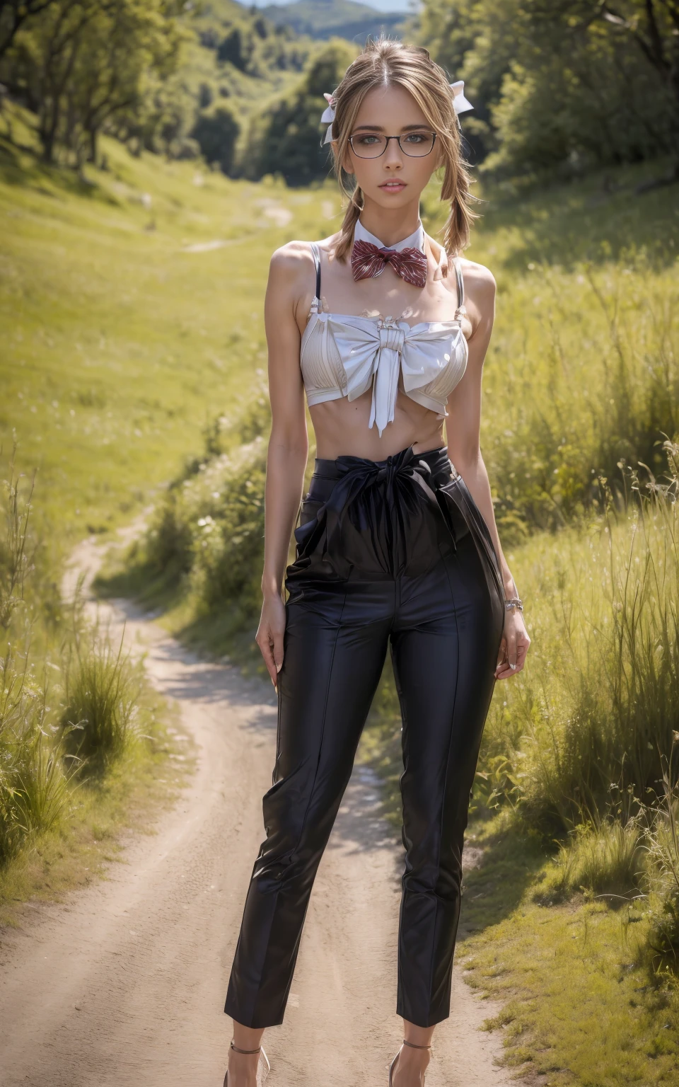 (8K, Masterpiece, RAW photo, Best quality, detail:1.3), (ultra realistic Natural background, scenary:1.5), Depth of field, Cinematic light, (ultra realistic face), (1 picture of 1 solo girl Airim Jones:1.5), 1girl, (Beautiful and elegant Russian girl), (skinny girl with glasses), (European face:1.3), (perfect complete full body:1.5), (small necklace, collarbone:1.1), ( [braids|bangs|ponytail|pigtails|bob|pixie] hair:1.5), (ultra detailed skin:1.4), (sexy outfit:1.6),, (Bow Tie Waist Pants:1.5), (perfect standing pose:1.5), (perfect long legs:1.4)