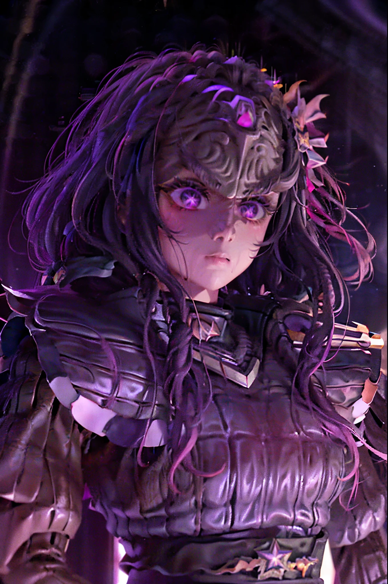 Hoshino Ai, long hair, purple hair, streaked hair ,purple eyes, star-shaped pupils, hair ornament, headshot of a klingon  forehead ridge, thick eyebrows, dark skin, leather armor, sash, sci-fi starship background,