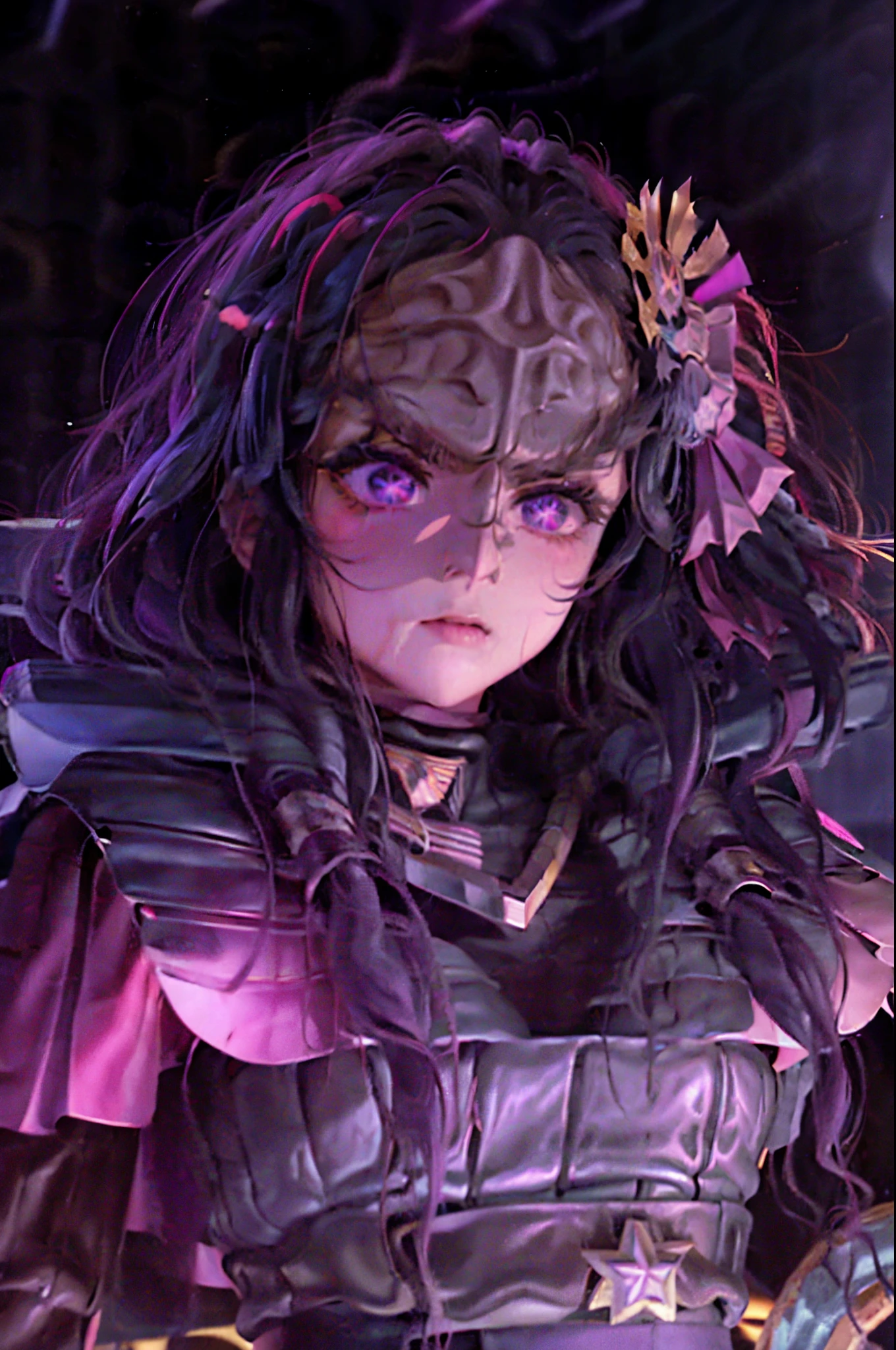 Hoshino Ai, long hair, purple hair, streaked hair ,purple eyes, star-shaped pupils, hair ornament, headshot of a klingon  forehead ridge, thick eyebrows, dark skin, leather armor, sash, sci-fi starship background,