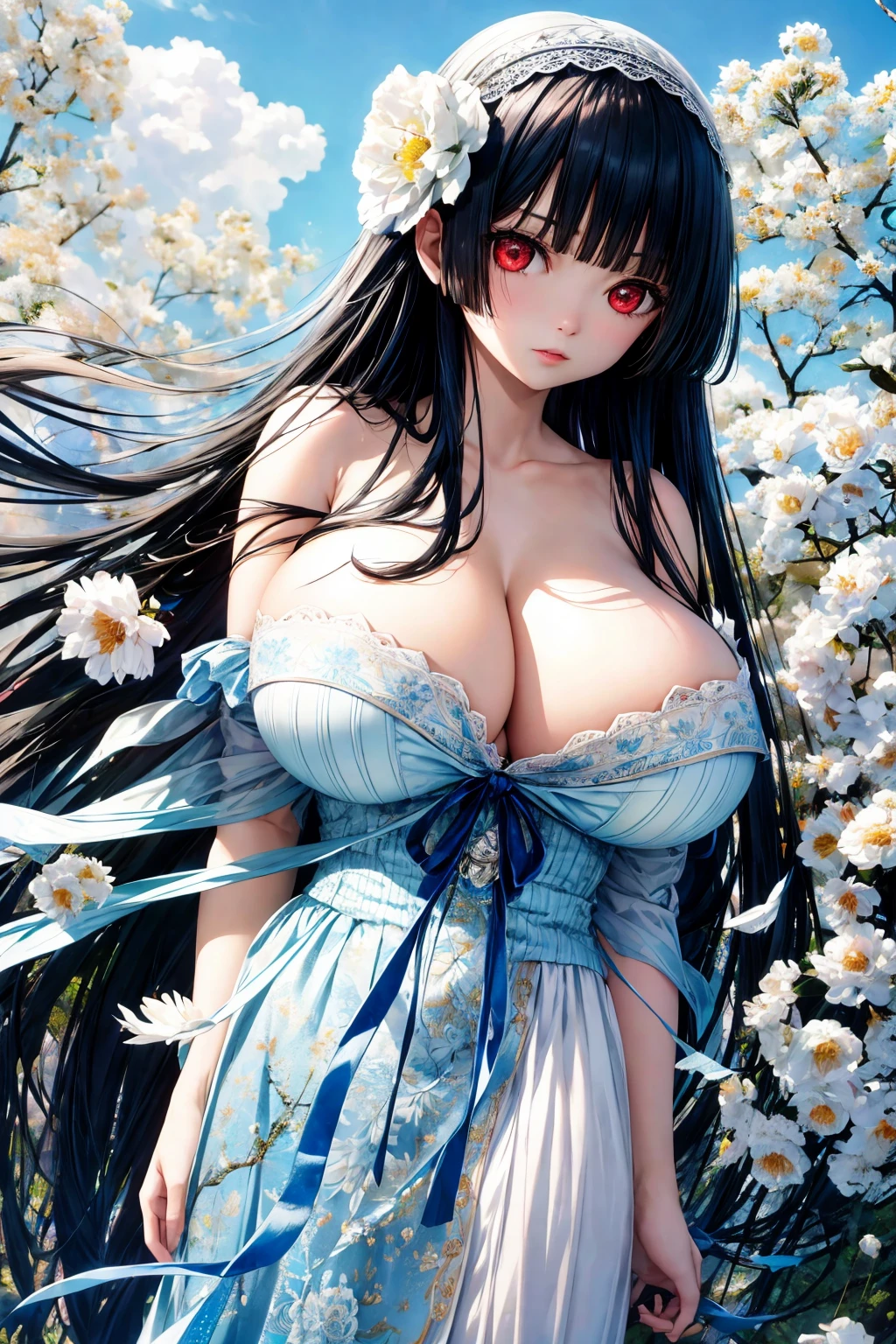 (absurd res, A high resolution, ultra - detailed, hyper HD, Cinematic), Alone, 1个Giant Breast Girl, mature, Happy,hime cut,black long hair,red eyes, (huge breasts:1.6),cleavage, collarbone, bare shoulders,armbands,goth ta, girl standing in light blues flower field, light blues flower petal surrounding girl, full bodyesbian, Blue long-haired girl, light blues hair, fanciful, dream-like, Snowy Land, offcial art, trending art, contours, ultra - detailed face, ultra - detailed eyes, light blues flower field, ultra - detailed field, The white blue sky, Cold, light blues, The white, Nebula in the sky, blue tree, aquarelle, pastel colour