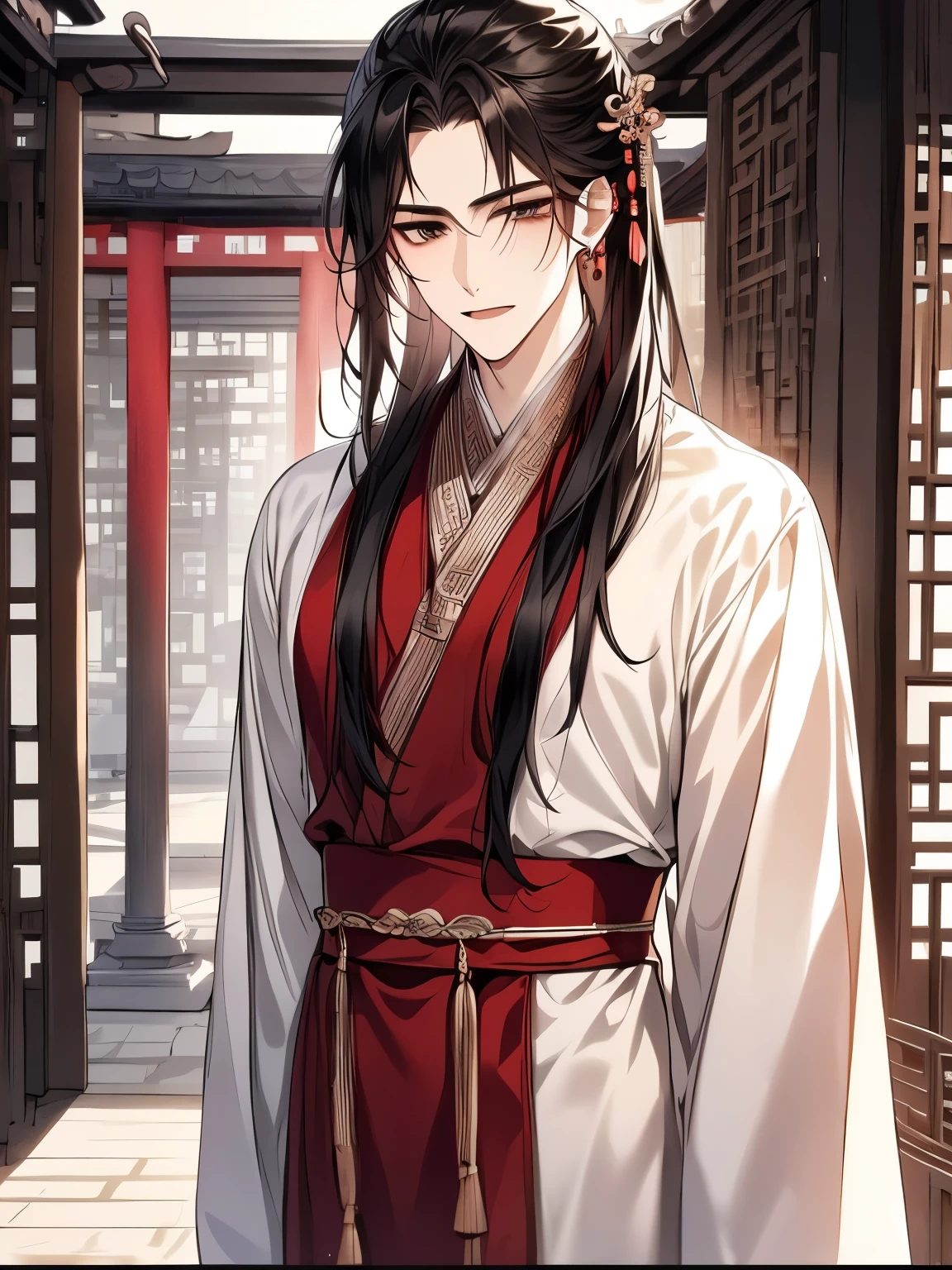 Best quality at best,tmasterpiece,16k,,a beautiful man,(Black Hanfu:1.5),Asian architecture,Ancient Chinese court style,Chinese-style furniture,Chinese style courtyard courtyard,
