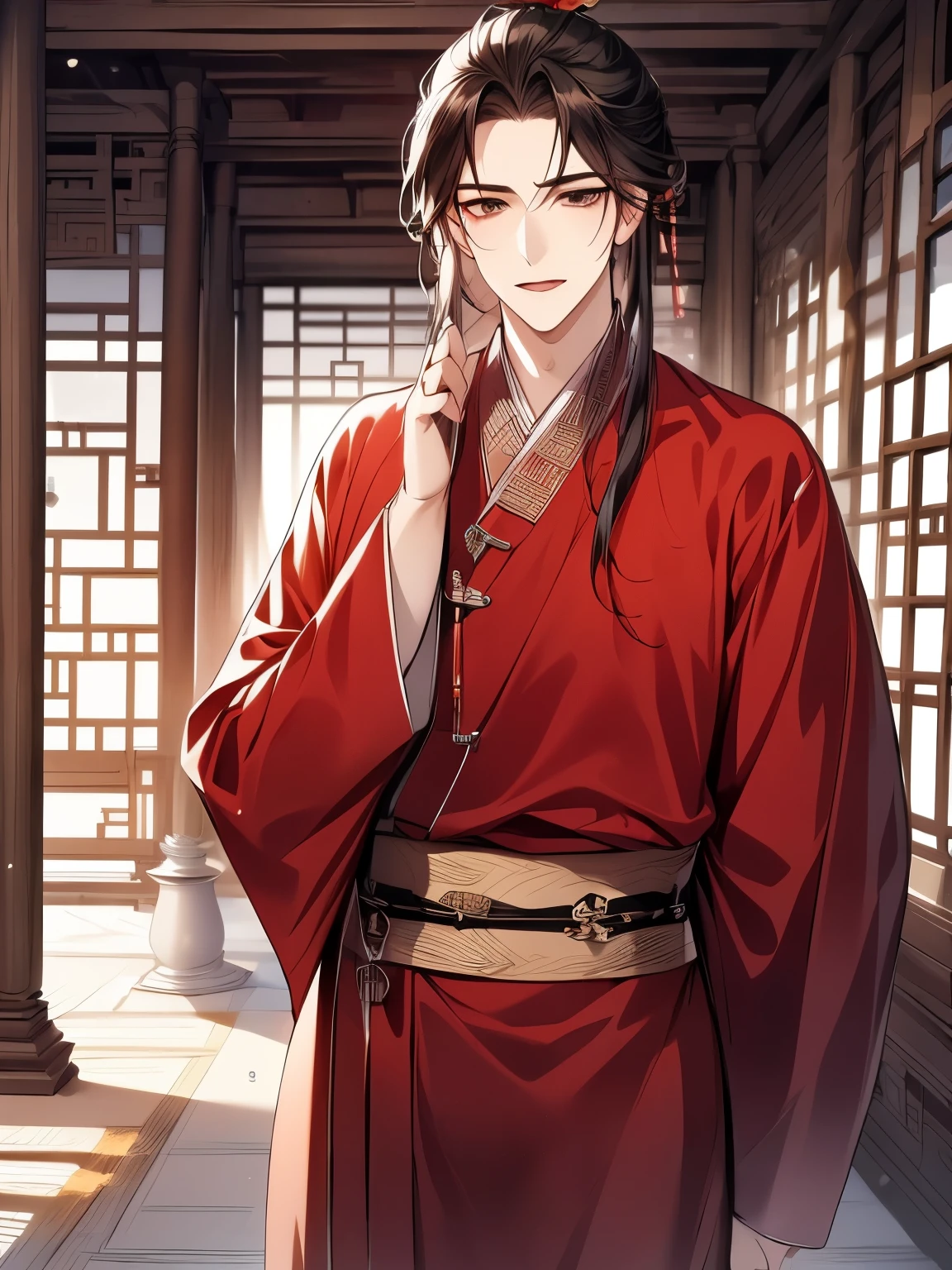 Best quality at best,tmasterpiece,16k,,a beautiful man,(Black Hanfu:1.5),Asian architecture,Ancient Chinese court style,Chinese-style furniture,Chinese style courtyard courtyard,