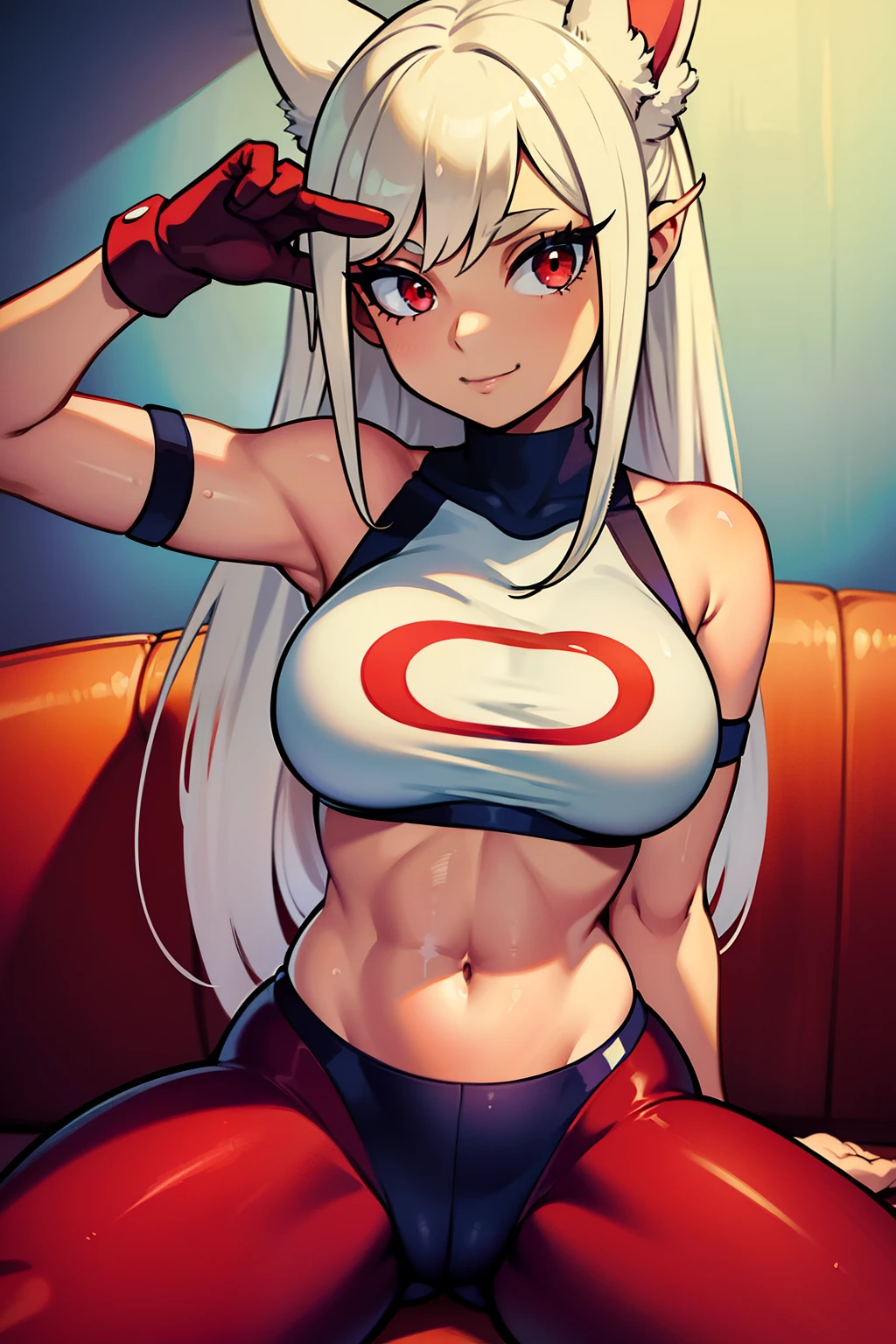 Cute girls,ojos rojos redondos, cabello blanco、orejas de conejo,sexy、sonriendo,Peinado liso medio a largo、（Bigboobs,lleva una lenceria roja，lleva unos leggins rojos,En una casa de alquiler，sitting on the couch，Noche，estaba lloviendo afuera，Upper body is wet.,cuerpo entero,lleva unos leggins rojos,red leggins