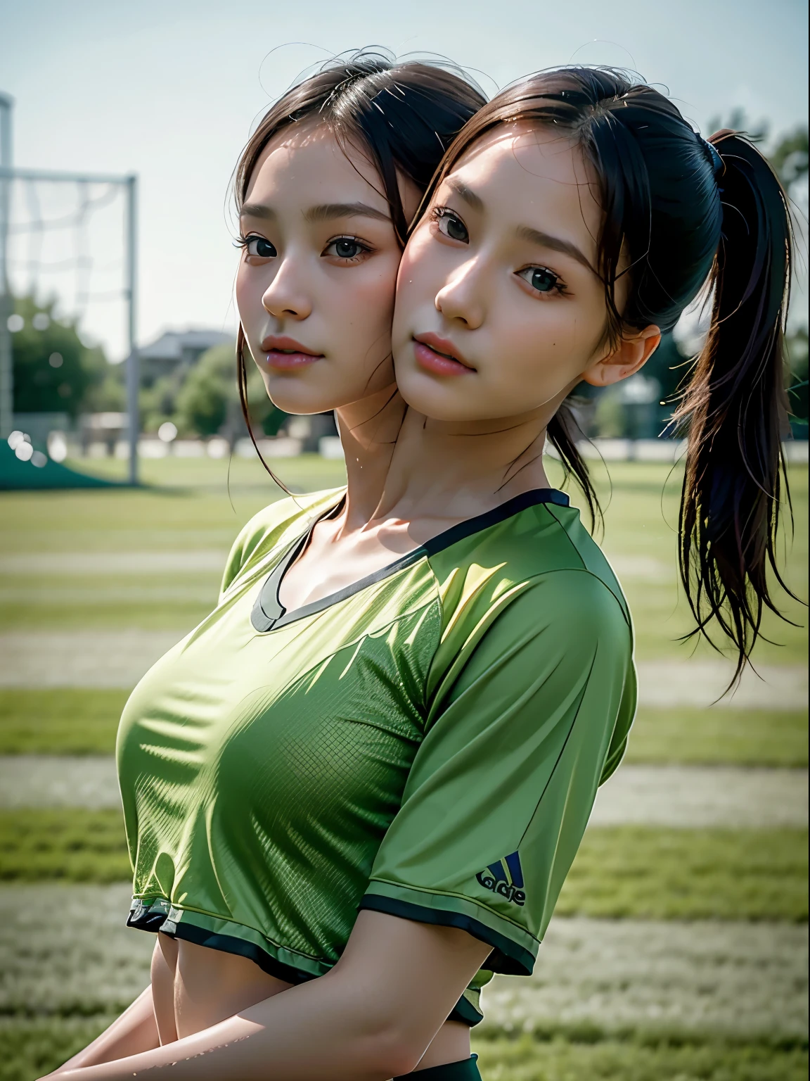 (masterpiece, best quality), best resolution, (2heads:1.5), 1girl, korean, close-up, blond hair, ponytail, green eyes, focused, soccer uniform, playing soccer, soccer field, day