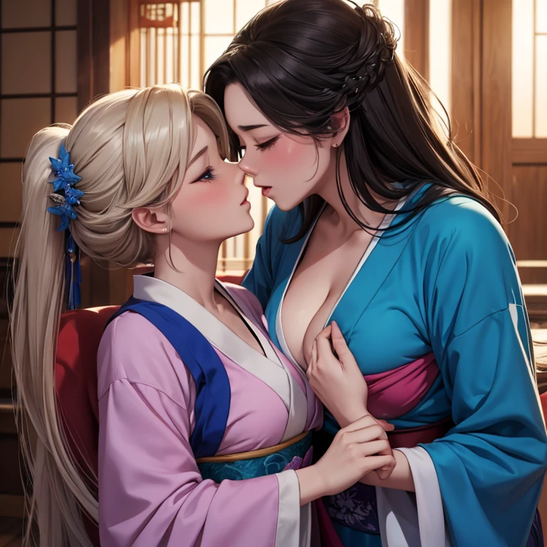 Cinderella in a dress passionately kisses Mulan, Mulan in a kimono passionately kisses Cinderella