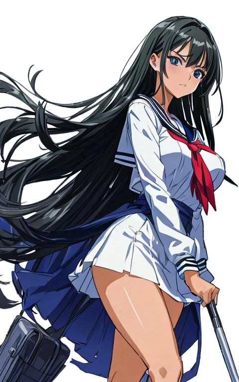 A beautiful woman with long black hair, big breasts, beautiful legs, and a sharp face is standing in a sailor suit with a white miniskirt, showing off her light blue and blue panties, and glaring at a middle-aged man in a suit on the train.。