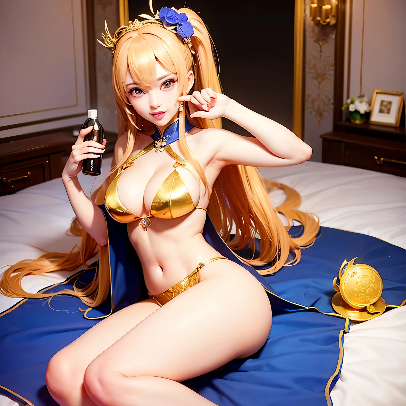 Sexy beauty holding gold vase, Internet celebrity royal sister, Bai Fumei, E-commerce main image, Long gray hair, Involving handheld health products, Bust photo