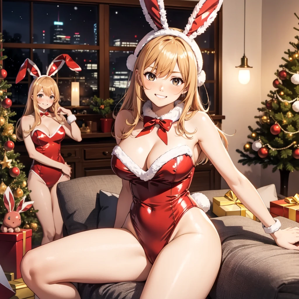 masutepiece, of the highest quality, 16k UHD,
Sitting,
Room with warm Christmas decorations, 2girls, Multiple Girls, Solo, Cute, Warm smile, Blushing, embarrassed, itting open legs, Cameltoe, (Red Bunny Girl Costume:1.4),