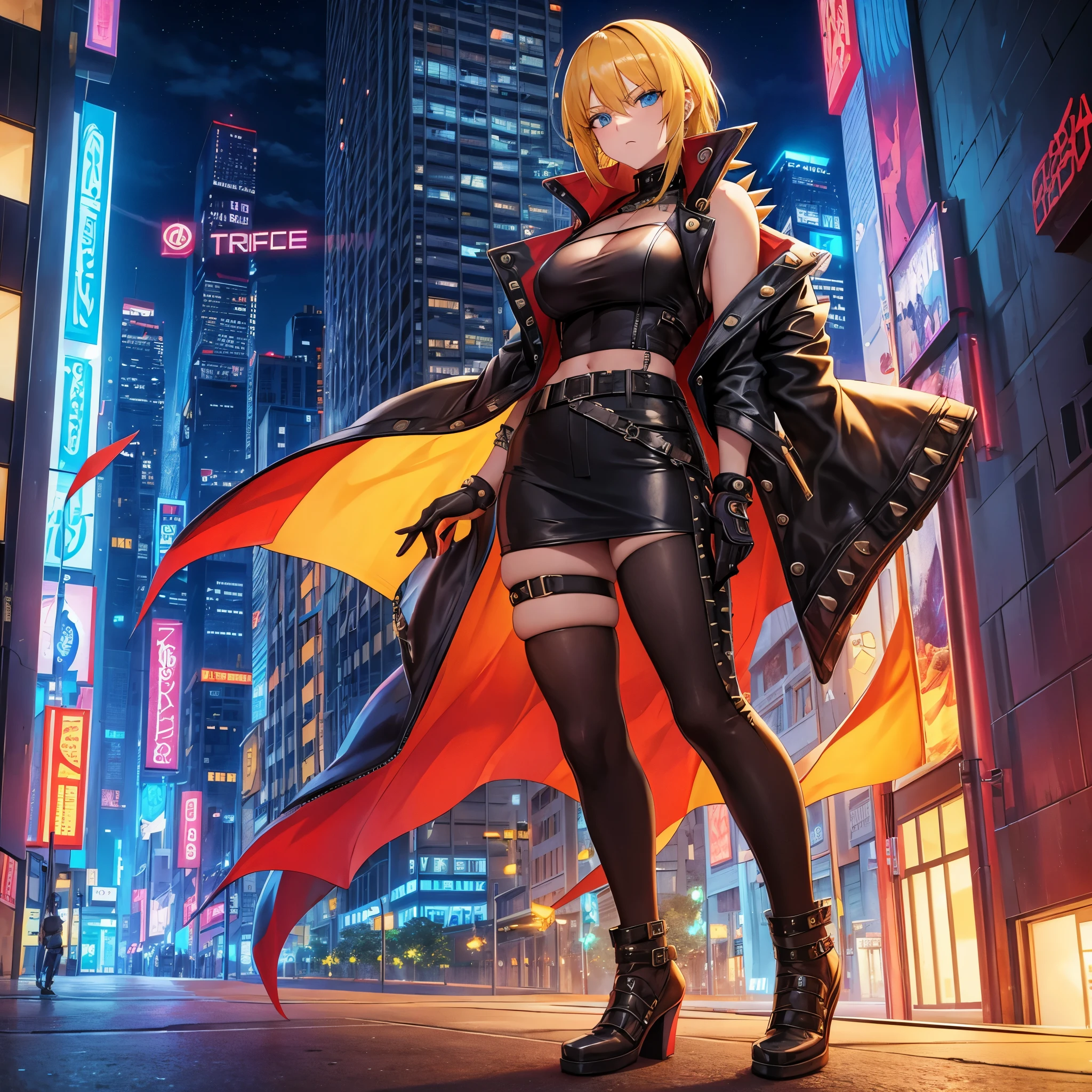 Full body portrait of a cyberpunk gang girl, blonde spiky hair, sleeveless leather jacket, night, in a city street