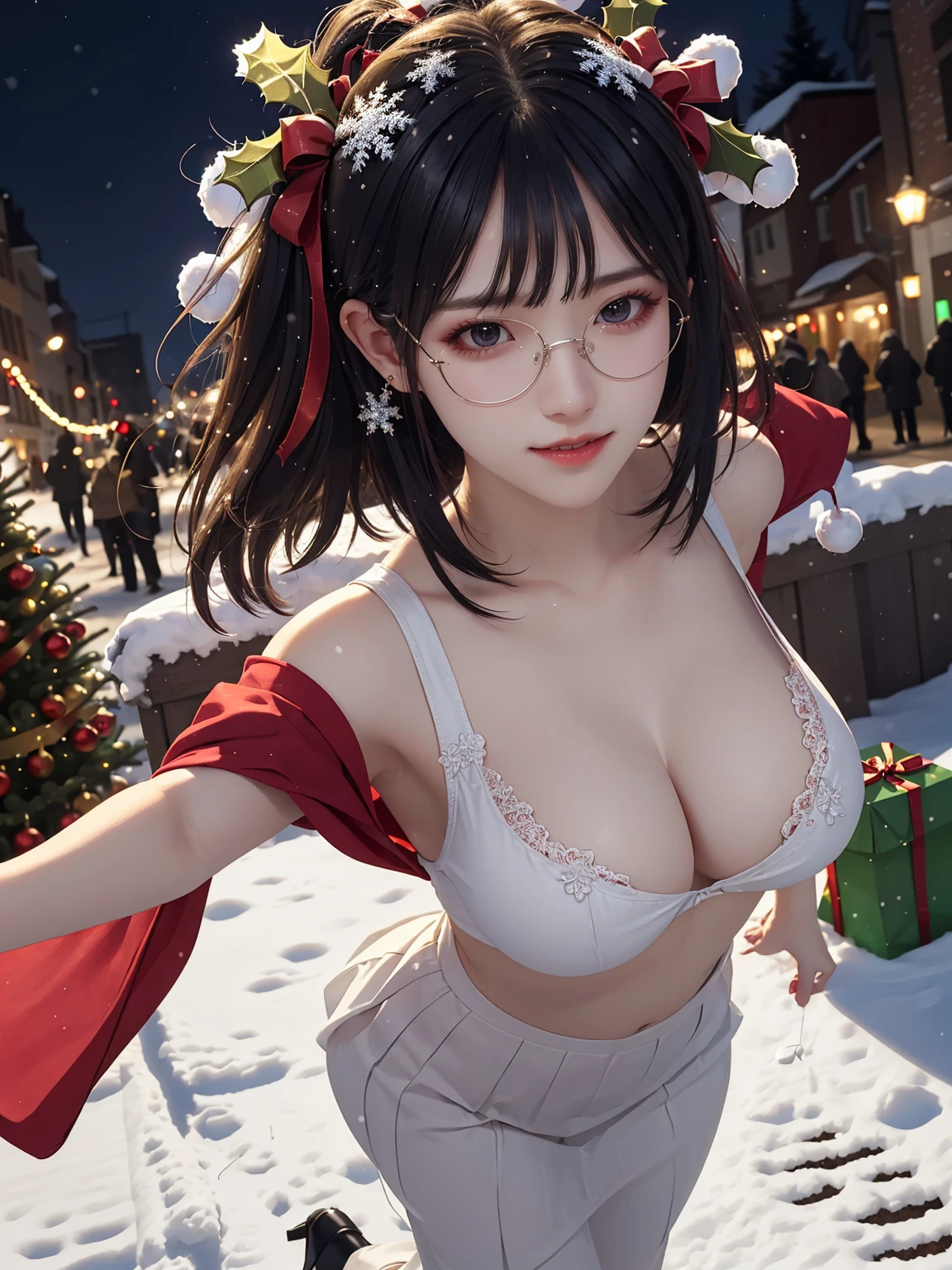 (masterpiece:1.3), live wallpaper, top-quality, Beautifully Aesthetic:1.2, ((1 girl)), solo, (red and white colors christmas uniform, shirt, long skirt), (black brown Hair, Straight hair, short hair), detailed face, detailed eyes, detailed ears, detailed lips, ((eye-glasses)), (perfect body (firm breast, nicely shaped breasts, slender figure)), (perfect hands shape, perfect fingers shape), (Upper body shot:1.1), (From front:1.3), (Looking at viewer, smiling), (elegant stylish contraposto pose:1.2), (walking on the modern street at Christmas night with snow:1.3), christmas night, christmas tree, christmas gifts, snow, ((At the middle of christmas celebration decorated for christmas :1.2)), intricate background, ultra realistic background