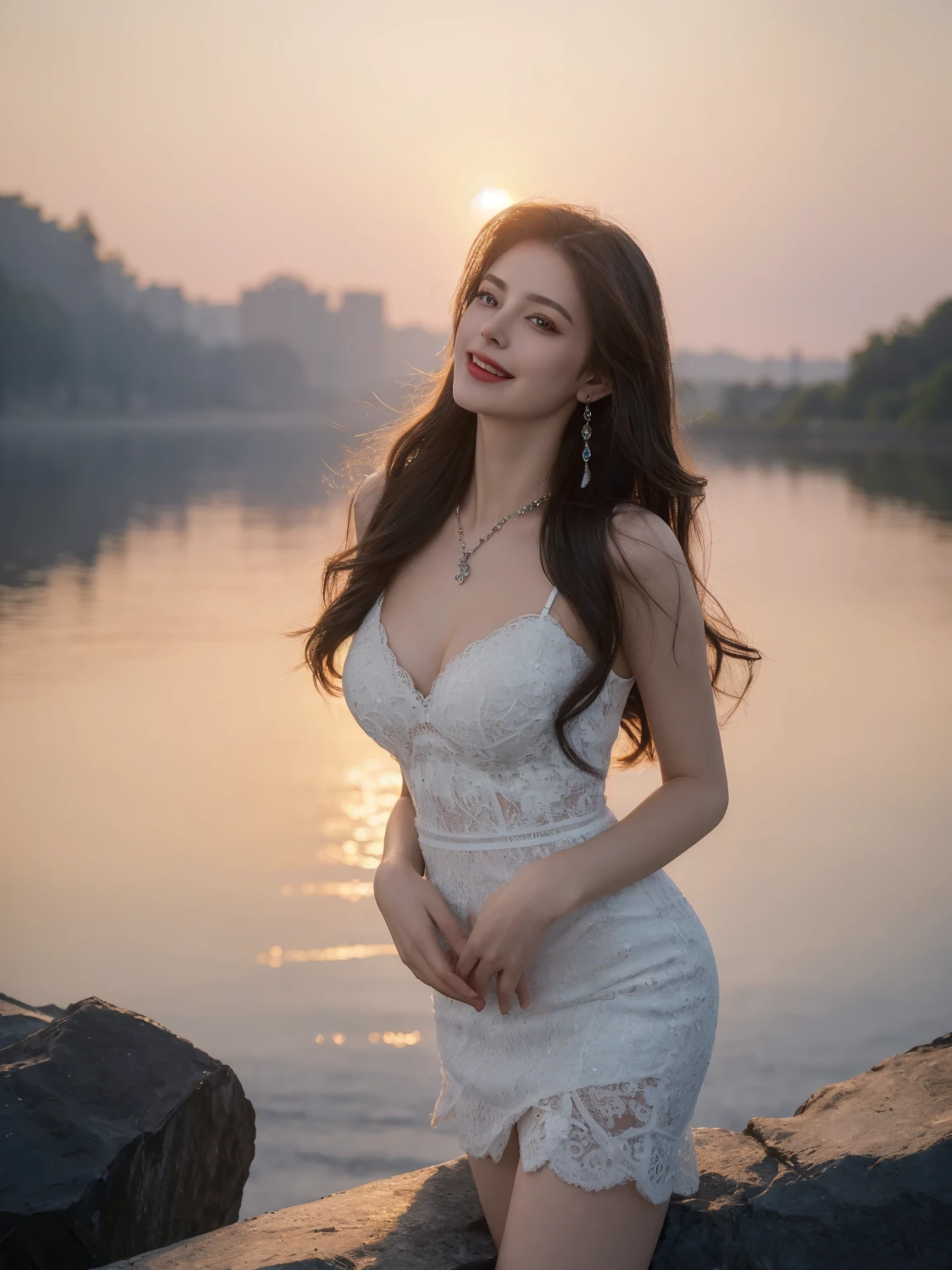 ((top quality、8k、Masterpiece:1.3))、Extremely delicate and beautiful girl,full-body shot,huge breasts,bigger breasts,amazing breast size,G cup,Sunset,sunset,white snow。Wear big earrings,Very white skin,moist red lips,Waist is very thin,Thighs are very thin,big butt,Reveal a little,fair and smooth skin,Smooth and fair skin,flawless skin,Fair and shiny skin,cold white skin,The camera focuses on the chest,Bright light,White tube top dress,bare shoulders,white hair,hair is white