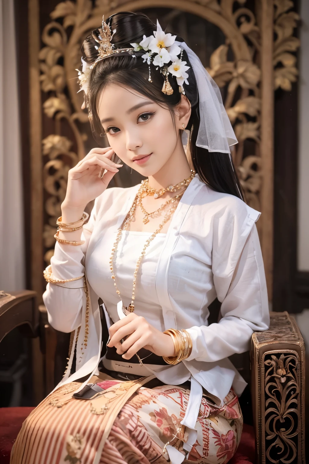 MMTD Burmese traditional dress wearing a beautiful queen,Wear a pearl necklace and a gold bracelet.,all body details beauty, Sit in royal portrait on a long golden throne in the Golden Palace., Burmese traditional hairstyle,best composition, full picture coverage, Cenimatic lightning and ultra-realistic details, Octane Rendering, unreal engine, crisp focus,10 ,HD resolution