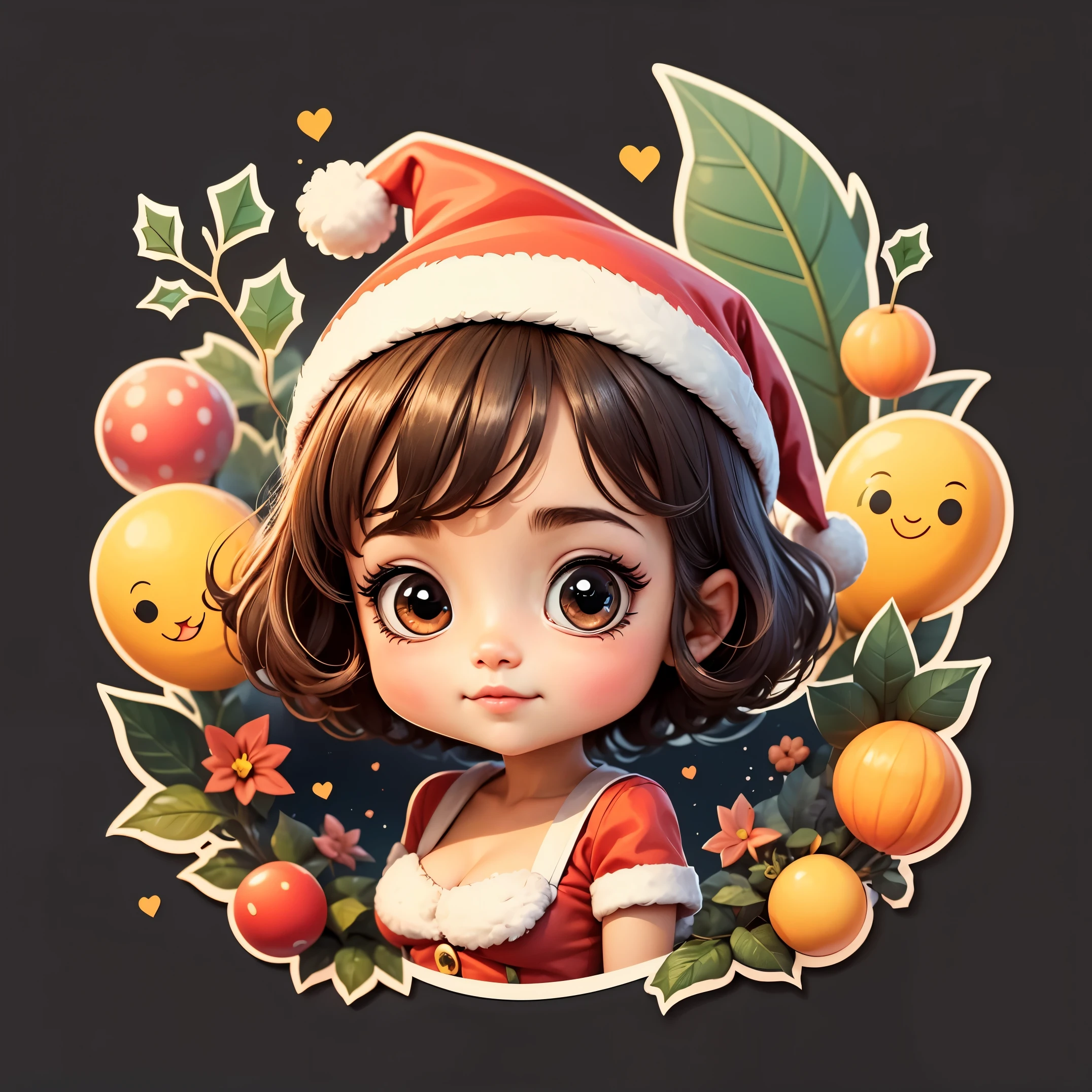 （（（One sticker）））。High quality design vector style image,Happy *********** wearing santa hat，Big eyes and short hair，cute big breasts，Clean black background, Professional vector, high detal,