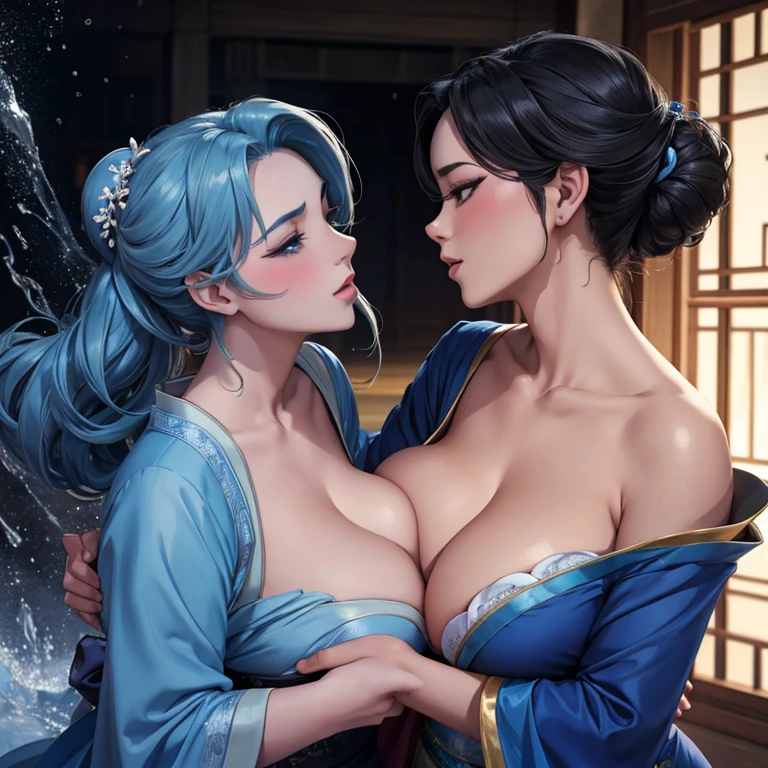 Cinderella in a blue dress passionately kisses Mulan, Mulan in a kimono passionately kisses and squeezes Cinderella's tits