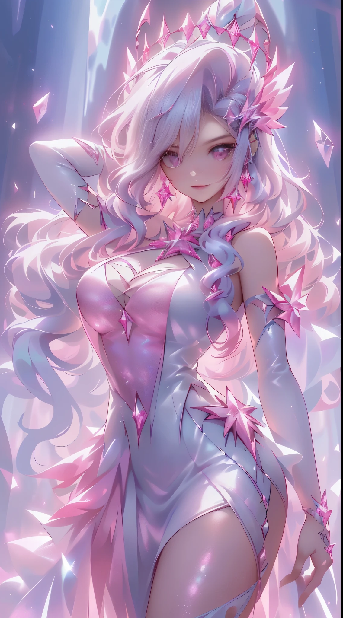 (highest qualityr)、(obra maestra), Ariana Grande vestida con un miniskirt de cuarzo violeta, Arte digital 4K altamente detallado, Arte digital detallado 4K, Beeple y Jeremiah Ketner, Digital Cyberpunk - Arte Anime, digital artwork 4 k, Arte detallado de alta calidad 8K, Estilo Art Wallpaper 4K, (fondo cuarzo gigantes minerales:1.4) , More detailed 8K.motor irreal:1.4,UHD,La mejor calidad:1.4, fotorrealista:1.4, textura de la piel:1.4, obra maestra:1.8,obra-prima, mejor calidad,objeto Objeto], (detailed face features:1.3),(Las proporciones correctas),(convexo,Dedos detalladoeautiful and detailed eye description:1.4）,(Perfect anatomy),(vestido corto de cristales  de cuarzo violeta:1.4), (cristales cuarzo:1.4), (ropa de cristales de cuarzo pink :1.4),(mostrando panties White:1.4) ,cristales de cuarzo pink, (fragmentos de cristales de cuarzo pink en el vestido:1.4), (vestido pink cristales cuarzo), (cabello largo pink:1.4),(cristal rojo brillante:1.4)
