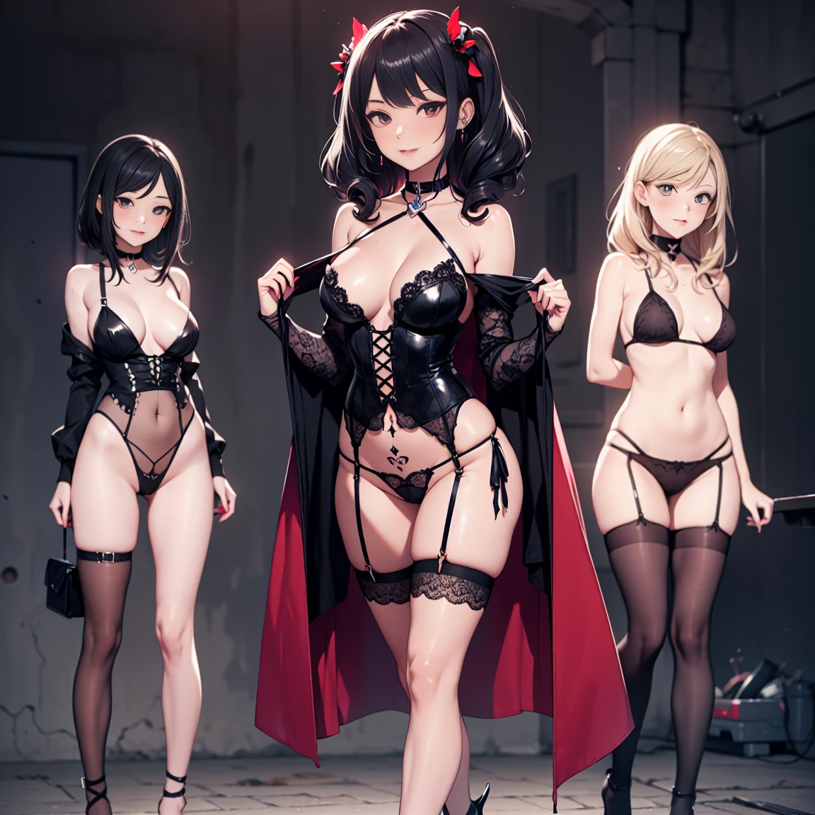 Three Succubuses 、Harem , Black Horn,  Different hair lengths, Cleavage, sexy, Dark Skin, Big Breasts, Thick thighs, Multiple women, Behind them is a luxurious red room、Provocative smile.sexyな下着、Lace Underwear、transformation、Lewd、Half Top Bra、A succubus queen and her two followers