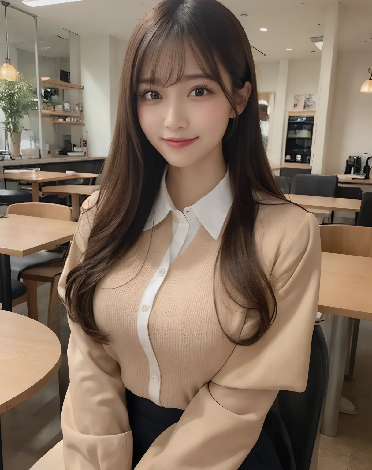 (natural background), masterpiece, Best Quality, Illustration, Ultra-detailed, finely detail, high resolution, 8K Wallpaper, Perfect dynamic composition, Beautiful detailed eyes, Big breasts, Natural Color Lip, posing randomly, Smile, ((inside of cafe)), 20 years girl, full body shot, long hair, ((wearing working uniform)), (darker), looking in front, sitting on the chair