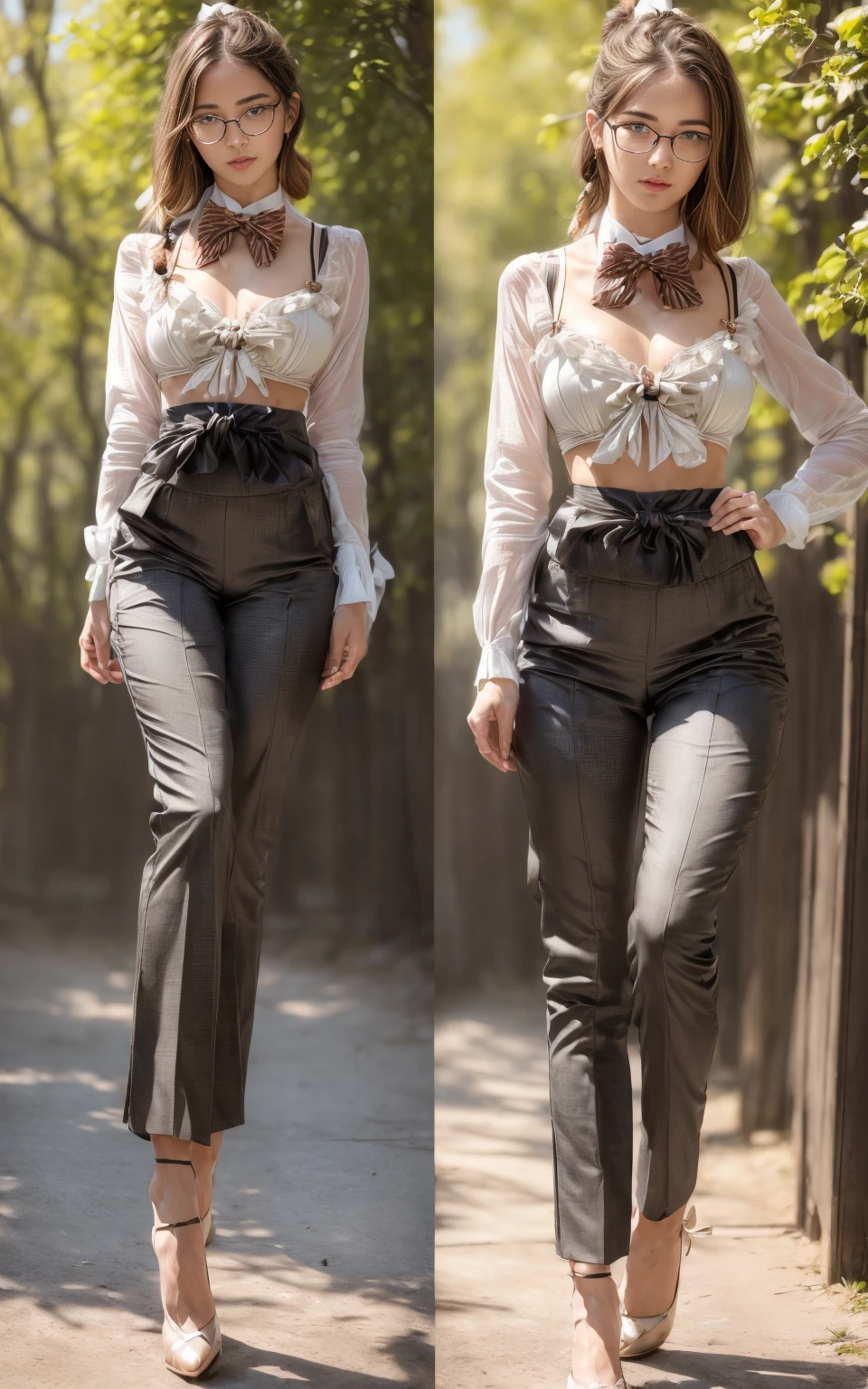 (8K, Masterpiece, RAW photo, Best quality, detail:1.3), (ultra realistic Natural background, scenary:1.5), Depth of field, Cinematic light, (ultra realistic face), (1 picture of 1 solo girl Airim Jones:1.6), 1girl, (Beautiful and elegant Russian girl), (skinny girl with glasses), (European face:1.3), (perfect complete full body:1.5), (small necklace, collarbone:1.1), ( [braids|bangs|ponytail|pigtails|bob|pixie] hair:1.5), (ultra detailed skin:1.4), (sexy outfit:1.6),, (Bow Tie Waist Pants:1.6), (perfect standing pose:1.5), (perfect long legs:1.4)