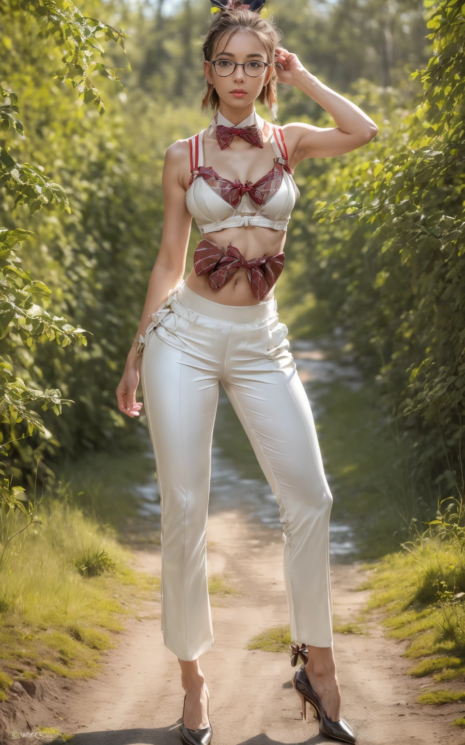 (8K, Masterpiece, RAW photo, Best quality, detail:1.3), (ultra realistic Natural background, scenary:1.5), Depth of field, Cinematic light, (ultra realistic face), (1 picture of 1 solo girl Airim Jones:1.6), 1girl, (Beautiful and elegant Russian girl), (skinny girl with glasses), (European face:1.3), (perfect complete full body:1.5), (small necklace, collarbone:1.1), ( [bangs|pigtails|bob|pixie] hair:1.5), (ultra detailed skin:1.4), (sexy red outfit:1.6),, (Gingham Pants:1.55), (perfect standing pose:1.5), (perfect long legs:1.4)