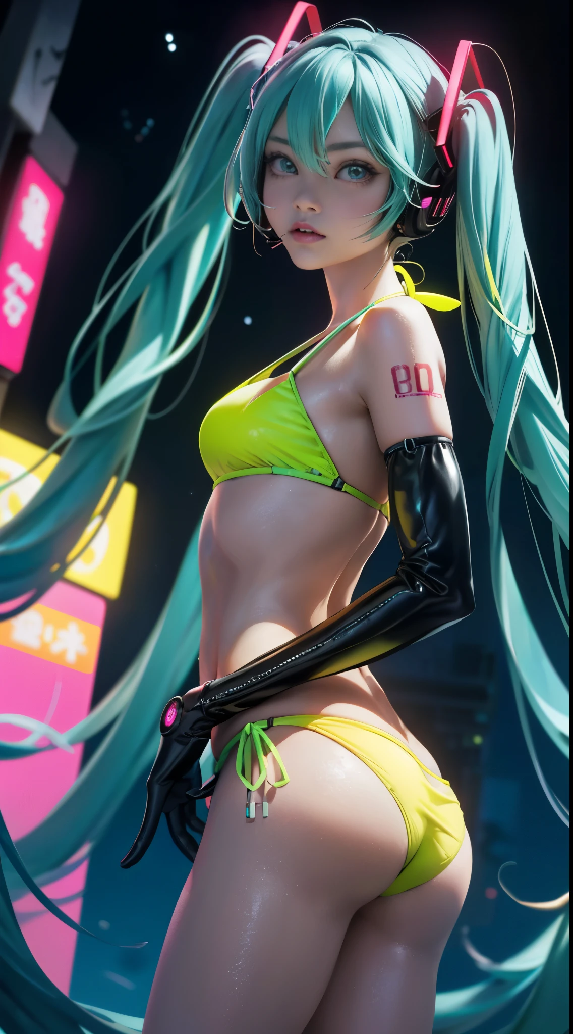 (Rear view, Vista trasera), Mirai bikini rojo, cyberpunked、large buttockss、arrodillarse、Electronic visor attached to the face of a -yeld giwith emphasis on the buttocks、(minifalda mostrando bragas Blanco:1.4) ,mirai red latex body,Moda cyberpunk、Pose sexy、(Usar polainas amarillas en la parte inferior del cuerpo、(Enlargement of senoondo Neon lights in the dark city at night.:1.4),motor irreal:1.4,UHD,La mejor calidad:1.4, fotorrealista:1.4, textura de la piel:1.4, obra maestra:1.8,obra-prima, mejor calidad,(Beautiful and detailed eye description),( neon pink cyborg),(Perfect anatomy),(convexo ,Dedos detallados:1.4), body Ciborg Mirai bikini , (Mirai:1.4), (bikini rojo:1.4) ,fondo ciudad Tokio cyberpunkAI color, (neon yellow bikini:1.4)
