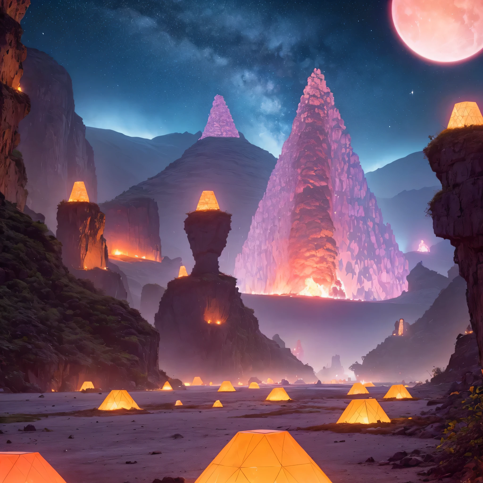 Light orange style,Purple pink series,Alien Hexagonal Base (Nipples are very delicate) In a hexagonal mountain oasis,There are several hexagonal exhaust fans and chimneys, some neon lights project from the base,Light up the night), There are some clouds in the night sky, Some surrounding planets provide air to unknown planets,The most remote giant hexagonal volcano erupts,the rainforest