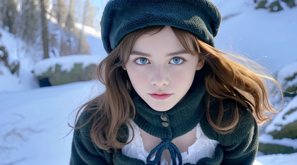 Pretty woman, similar to Ellie Bamber,cute,huge natural breasts, red hair curly/flowing, detailed dark BLUE eyes and face, not to skinny, naughty smile, make it ultra-realistic, western european girl, in the snow in the mountains, clothing colour needs to be anything but green, extremely detailed blue eyes, extremely long wavy red hair, extremely long hair with 2 ponytails, extremely detailed blue eyes, wearing a wrath, detailed photo - 8K, Extremely high quality, winter fur cap
