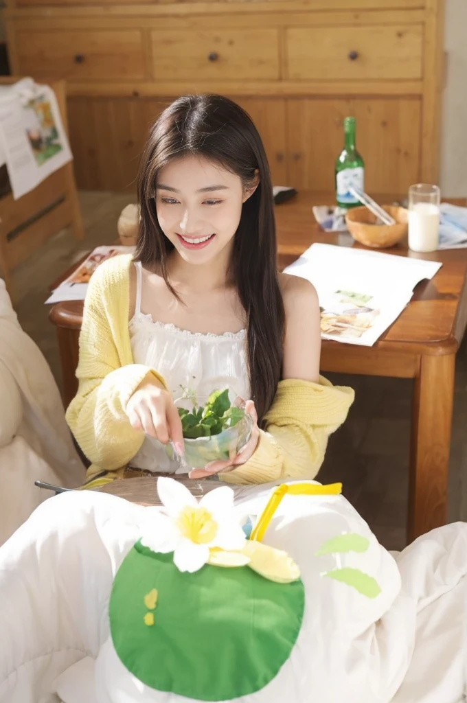 (On a table, Best quality, realistically, ultra - detailed, meticuloso, A high resolution, 8k wallpaper), Close-up portrait of a beautiful woman, Chariada, Smiling, light brown messy hair, Perfect dynamic composition, 美丽meticuloso的眼睛, Just like the cover of a fashion magazine, On campus