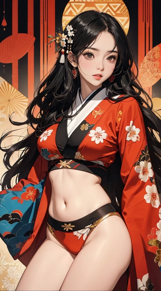 ((8k wallpaper of extremely detailed CG unit, masterpiece, hight resolution, top-quality, top-qualityのリアルテクスチャスキン)), (a very beautiful woman, Plump lips, The upper part of the body, Posing like a model:1.5, Japanese pattern haori, Japanese pattern micro mini shorts:1.2), (A dark-haired, hair messy, de pele branca, Exposed belly), ((Colorful background with geometric patterns, Japanese pattern background, warm color)), (hyper realisitic, digitial painting),