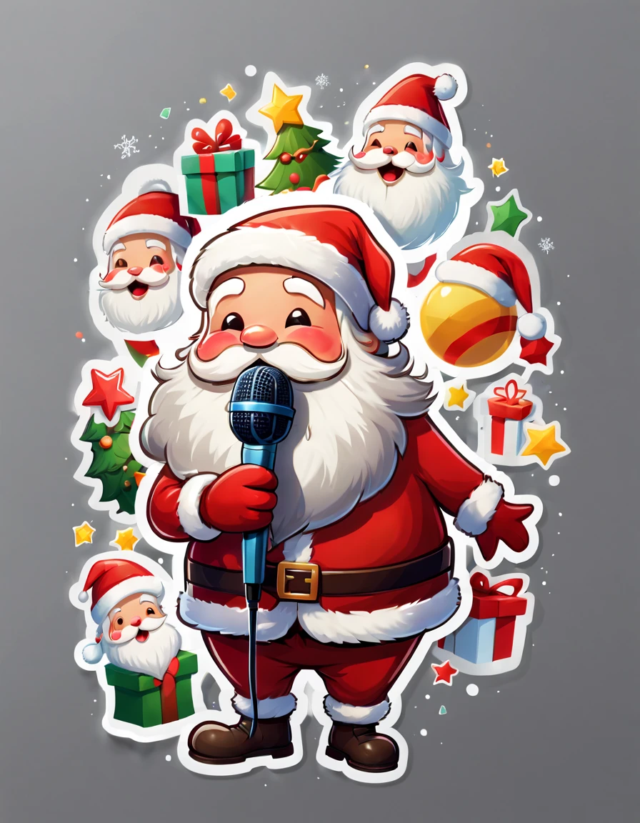 (sticker:1.5), ((1 cute Christmas girl wearing a Santa hat)，((singing with a microphone)), (((Many syllable symbols floating in the air)))，Christmas elements，清晰的线条，clean backdrop，white backgrounid