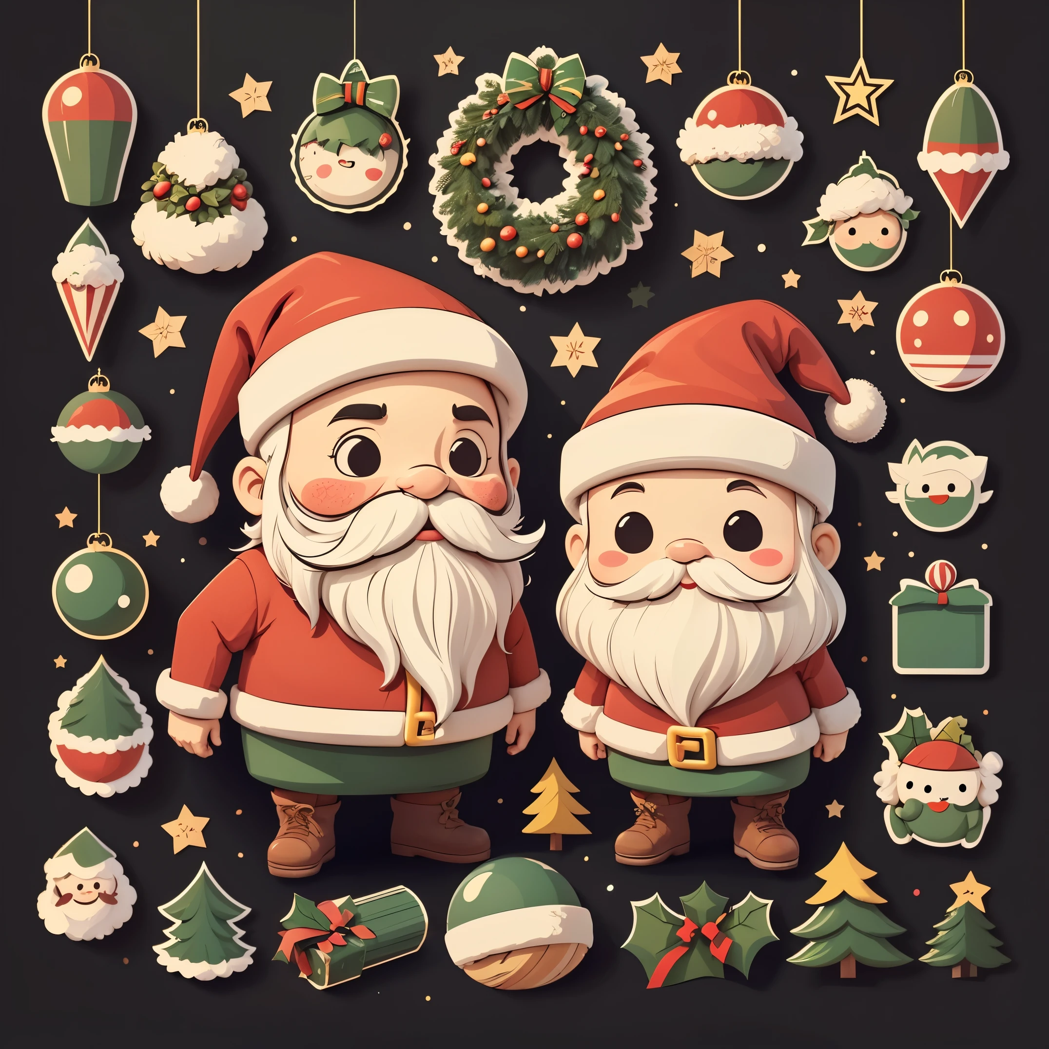 （（（One sticker：1.37）））。Christmas theme，Merry Christmas，Graphic design：1.37，Vector graphics，stickers illustrations，High quality design vector style image,bearded santa claus，Clean black background, Professional vector,