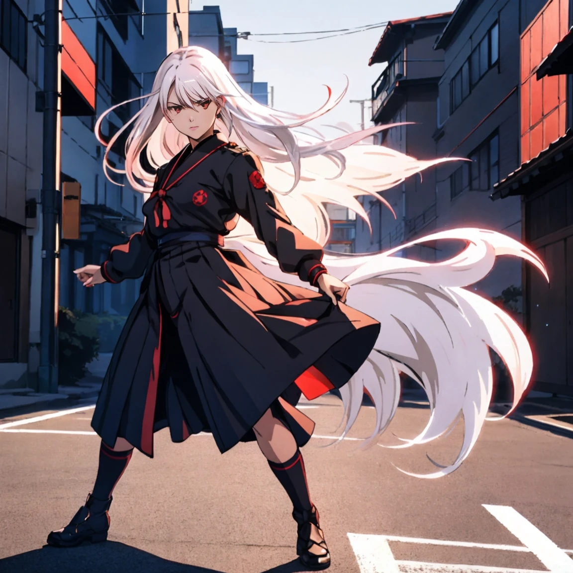 sukeban, illyasviel_von_einzbern, mature_female, silver hair, holding yoyo, combat pose, full body, flowing hair, hair between the eyes, asymmetrical hair, red eyes, delicate facial features, sukeban deka clothe, black japanese school uniform, looking_at_viewer, outdoors, background tokyo, by ilya kuvshinov, by Tetsuya Nomura,