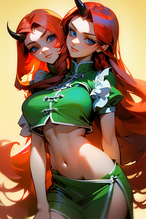 (masterpiece, best quality), best resolution, (2heads:1.5), 1girl, (hong meiling:1.3), masterpiece, best quality, green top, crop top, ((stomach)), midriff, ((groin)), green skirt, normal ears, shackles, red hair, very long hair, wavy hair, sidelocks, blue eyes, parted lips, single horn, sweat, cute, toned belly, hand on own chest, eyelashes, (25 year old woman:1.3), (masterpiece:1.4), (best quality:1.4), (beautiful detailed eyes), extremely detailed CG, extremely delicate and beautiful, depth of field, (finely detailed face), (perfect details:1.0), (mature female:1.3), wide pelvis, slender, large veiny breast, 8k resolution, high quality, high definition, extremely detailed, masterpiece, best quality, red hair, long hair, alluring presence, braid, short skirt, close up, big tits,
