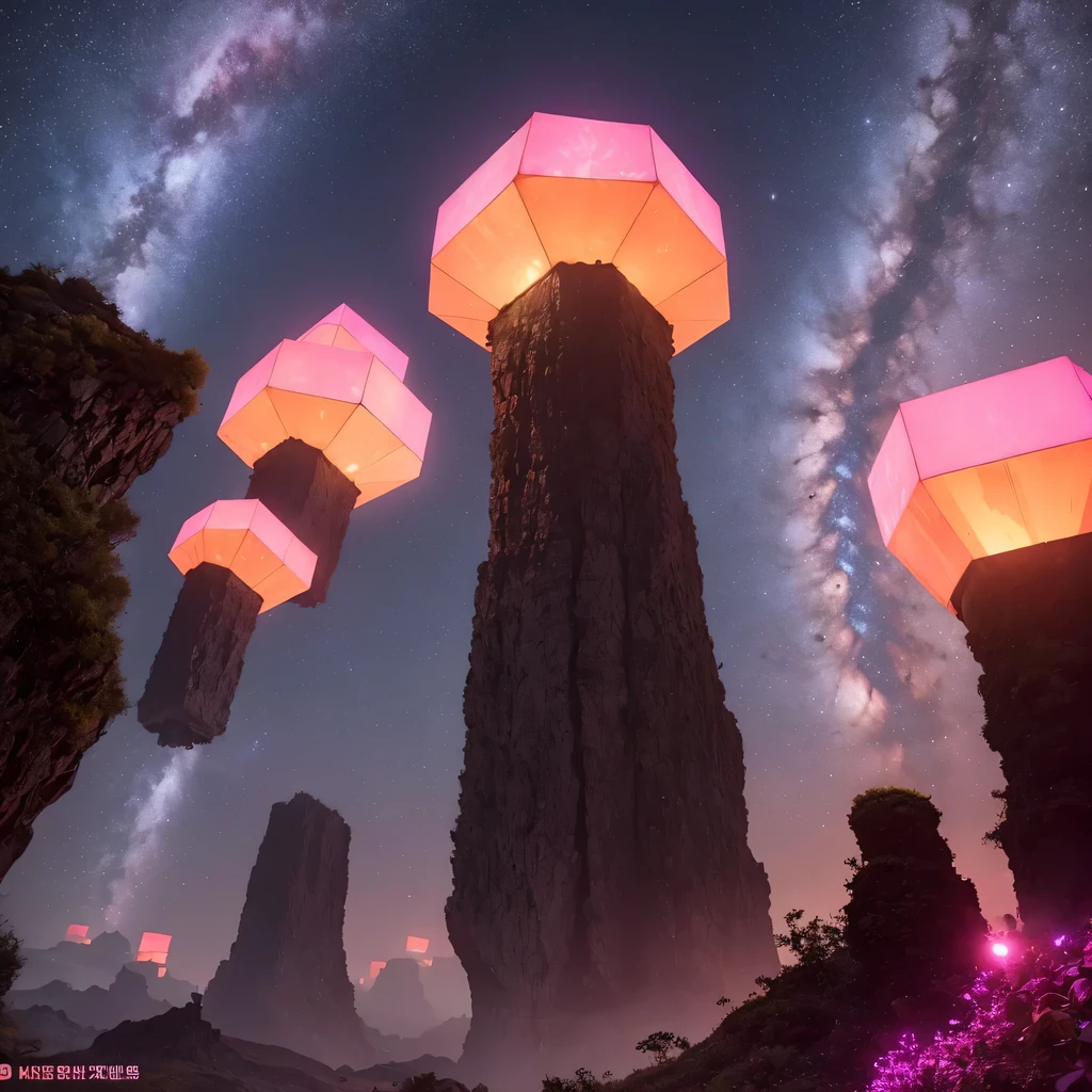 Light orange style，Purple pink series，Alien Hexagonal Base ( are very delicate) In a hexagonal mountain oasis，There are several hexagonal exhaust fans and chimneys, some neon lights project from the base，Light up the night), There are some clouds in the night sky, Some surrounding planets provide air to unknown planets，The most remote giant hexagonal volcano erupts，the rainforest
