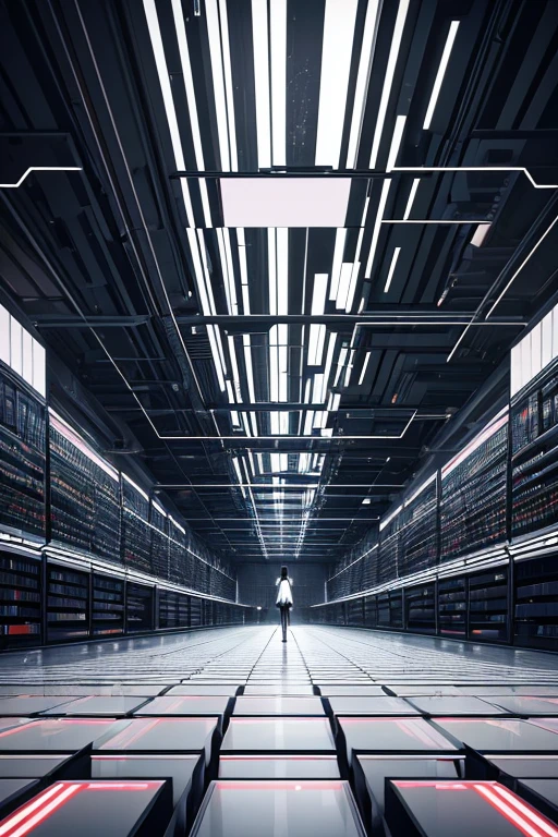 A girl, a room filled with lots of black and white boxes, digital art, inspired by Ryoji Ikeda, shutterstock, artem demura beeple, symmetrical outpost, abstract mirrors, infinite library