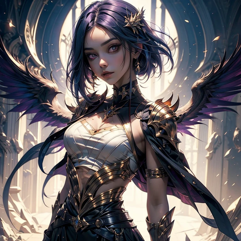 (masterpiece, best quality),1girl with long purple-black hair standing on the edge of a sky scraper, swedish face with sharp features, warm lighting,  glowing purple eyes, (golden-tan skin: high priority),detailed-beautiful eyes,gothic fantasy armour