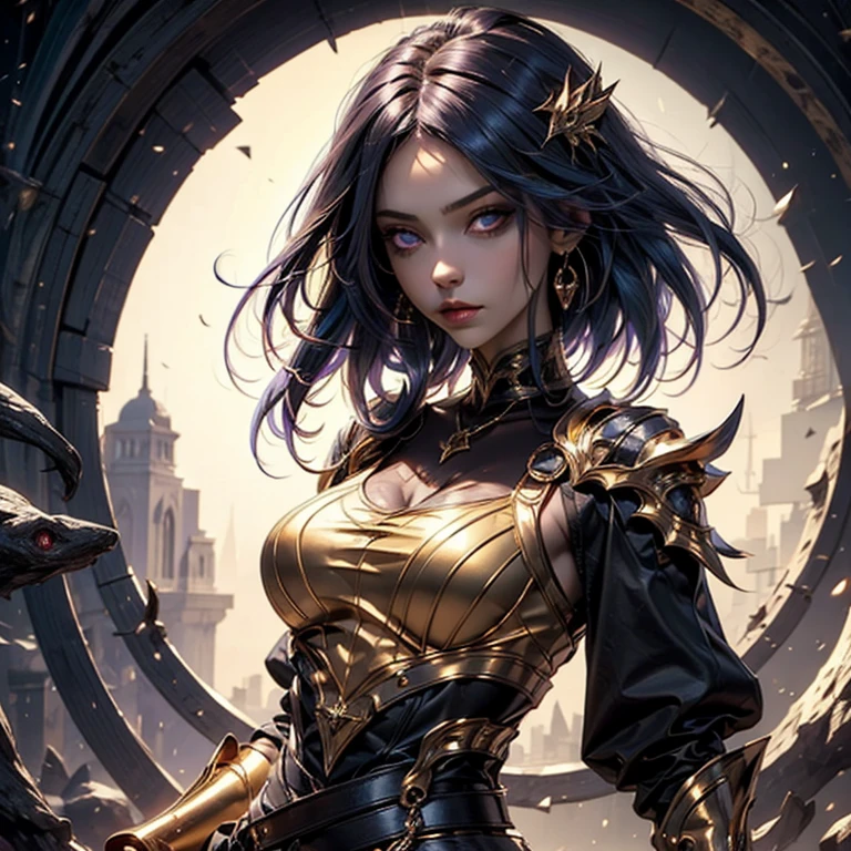 (masterpiece, best quality),1girl with long purple-black hair standing on the edge of a sky scraper, swedish face with sharp features, warm lighting,  glowing purple eyes, (golden-tan skin: high priority),detailed-beautiful eyes,gothic fantasy armour